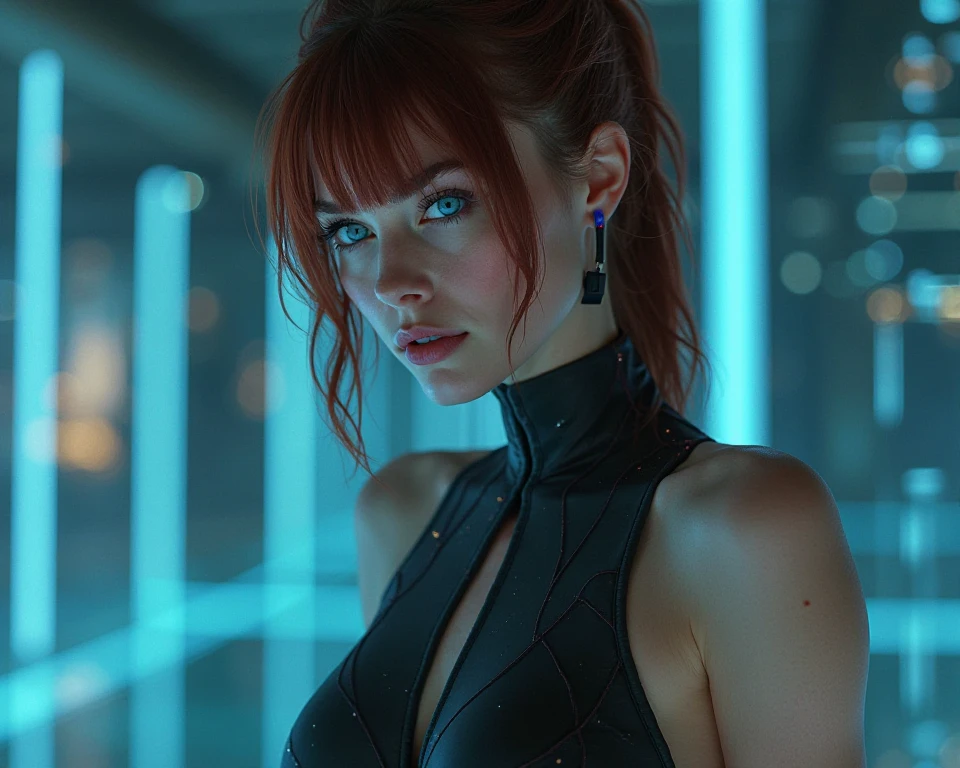 Leeloo of the Fifth Element, ((A bioengineered cyberpunk superbeing who holds the fate of humanity in his hands, Leeloo sports wild red hair, wearing a disguise of a few strategically placed bandages, futuristic cyberpunk background)), (full body pose, dynamic pose), (hyper realist:1.4), (realist:1.3), (Best quality real texture skin.), (full body pose), (light cinemática), very detailed skin, skin pores, (Very detailed face:1.1), (sexy, neckline, pinching), (very detailed eyes:1.1), realist pupils, (perfect anatomy:1.1), (perfect proportions:1.1), (Photography:1.1), (photorealist:1.1), volumetric lighting, dynamic lighting, real shadows, (high resolution:1.1), sharp focus, light, (realist, hyperrealist:1.4), intricate, high detail, dramatic, subsurface dispersion, great depth of field, Vivid, pulido, sharp, ((full sharp)), (extremely absurd),8k hdr