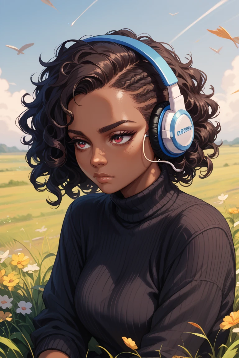 (score_9,score_8_up,score_7_up),1girl,girl caramel,full Afro black hair,eyes,headphones,cute,black dress,beautiful_face,