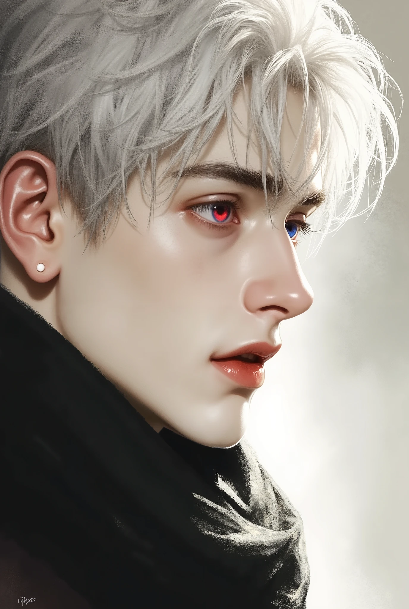 A young elven man with short white hair, with the right eye red and the left eye blue