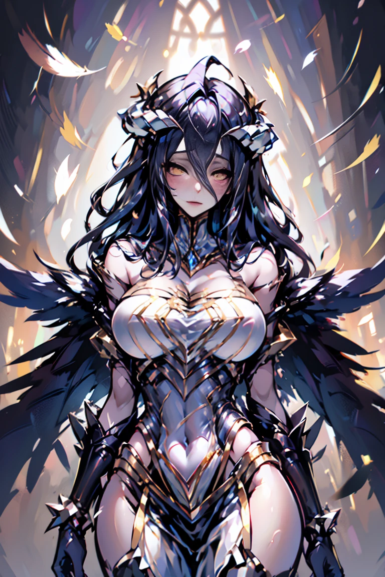hand on own chest, hands up, black hair, bare shoulder, red eyes, very long hair, cleavage, large breasts, dress, showgirl skirt, high-leg, cleavage cutout, tiara, bare thighs, gauntlets, bare shoulder, (((((((((bare nails, bare fingers, bare hands, good hands, best hands, Correctly aligned fingers, extremely detailed hands and fingers, ultra detailed hands and fingers, super detailed hands and fingers, perfect female hands and fingers, biologically accurate hands and fingers, 4 fingers and 1thumb accurate hands and fingers, beautiful hands and fingers, hands and fingers drawing, human hand and fingers, perfect arrangement of fingers, detail focus hands, perfection hands, better hands))))))))), adult face, fearless face, both arms, two arms, both hands, two hands, super fine illustration, masterpiece, masterwork, by famous artist, official art, ultra high res, best quality, high quality, Hand, detailed, perfect, perfection , hands, both hands is Thumb and index finger and middle finger and ring finger and little finger, symmetrical hands, even hands, panties,