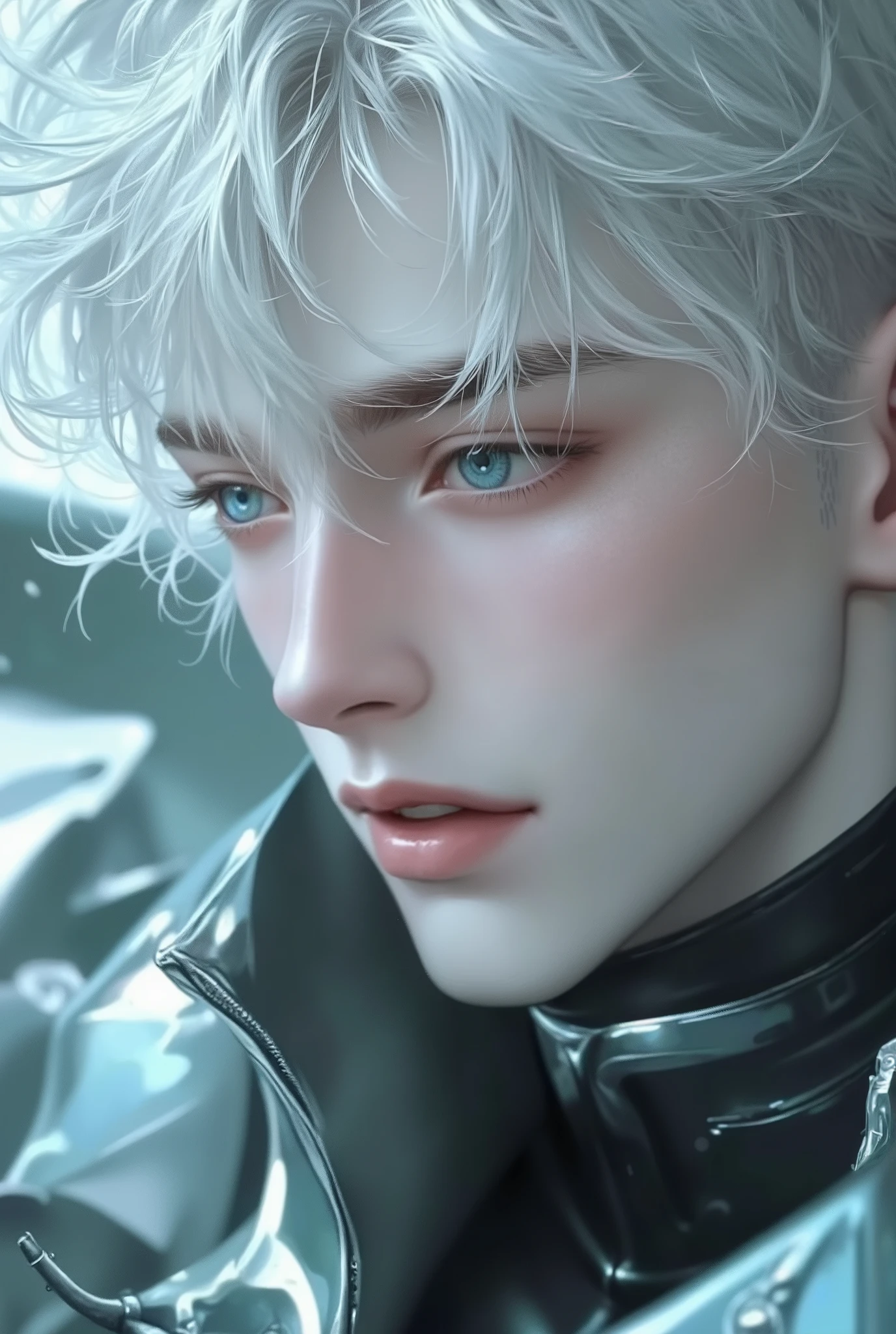 Young man with white Shaggy Curls With Curly Bangs white hair and eyes as blue as the sea