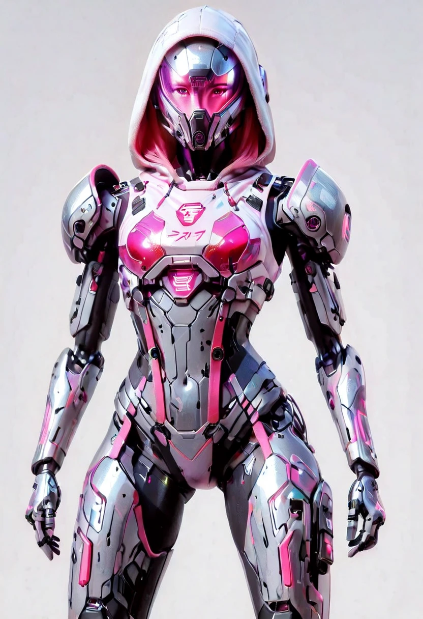 A vibrant, detailed and futuristic illustration showcasing a 28-year-old Caucasian female gaming character dressed in a futuristic, mech-like white hooded armor over a glowing neon pink top, her striking features showcased in a dynamic stance. The artwork adopts a detailed graphic style, featuring a neon color palette set against a grey backdrop contrasting her glowing pink and white armor, producing a captivating visual effect. The character's gaze exudes determination, while the interplay of soft and bold hues elevates the visual impact. This composition merges futuristic cyberpunk art aesthetics with a sci-fi mecha atmosphere.