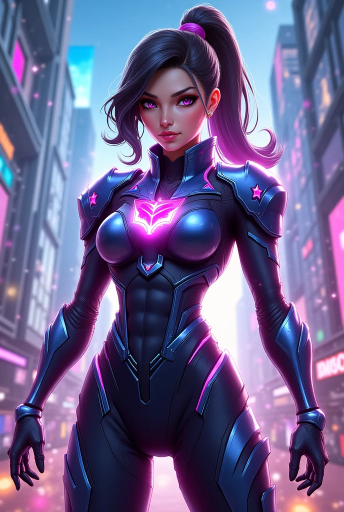 realistic, best quality, (masterpiece:1.2), absurdres, (1girl, solo), fashion photography of superhero, lips, small breasts, beautiful, makeup, mascara, lip gloss, black hair, a beautiful woman wearing Wonder Woman Costume, full body portrait, soft design, natural lights, looking at viewer, (Dark midnight neon glow cyberpunk Gotham City background:1.3)