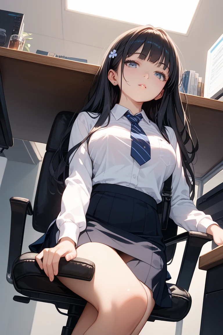 ((masterpiece,Highest quality:1.3,best quality illustration)),realistic,cowboy shot,1woman,(20 year old beauty),((very small head:1.4)),ideal ratio body proportions,dark blue hair,straight long hair,bangs,black eyes,gorgeous big eyes,shy、((tan skin,skinny)),(Black vest、Black tie、White collared shirt、Long sleeve、Black pleated mini skirt)),medium breasts,gleaming skin,slender body,sweat:1.3,sitting,Simple office、Simple chair、Simple desk,Shinjuku、Tokyo、