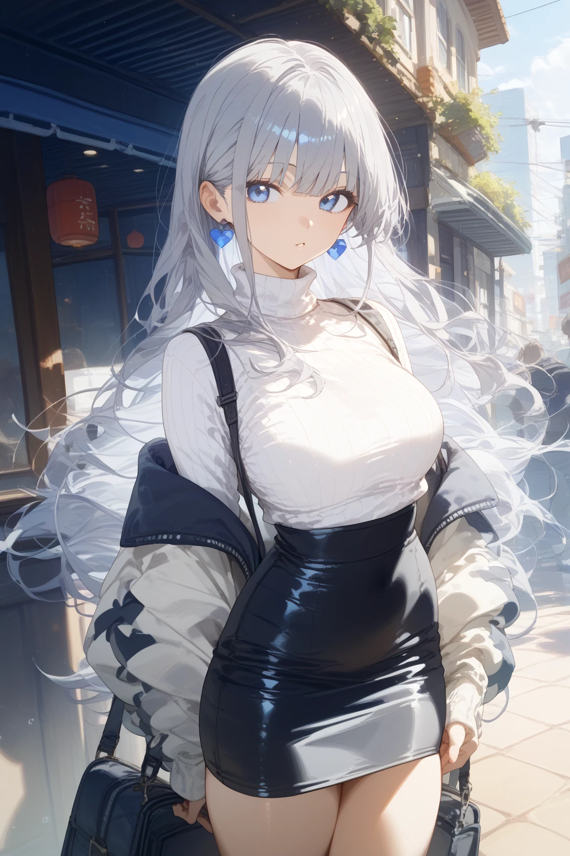 1girl, animal ear fluff, animal ears, aqua eyes, bangs, (hair over one eye), (heterochromia), detailed collarbone, perfect collarbone, black coat, breasts, buttons, coat, crossed arms, fox ears, fox girl, highres, large breasts, long hair, looking at viewer, open mouth, partially unbuttoned, road, scarf, shirt, short eyebrows, smile, solo, standing, street, tail, thick eyebrows, upper body, white shirt, from below