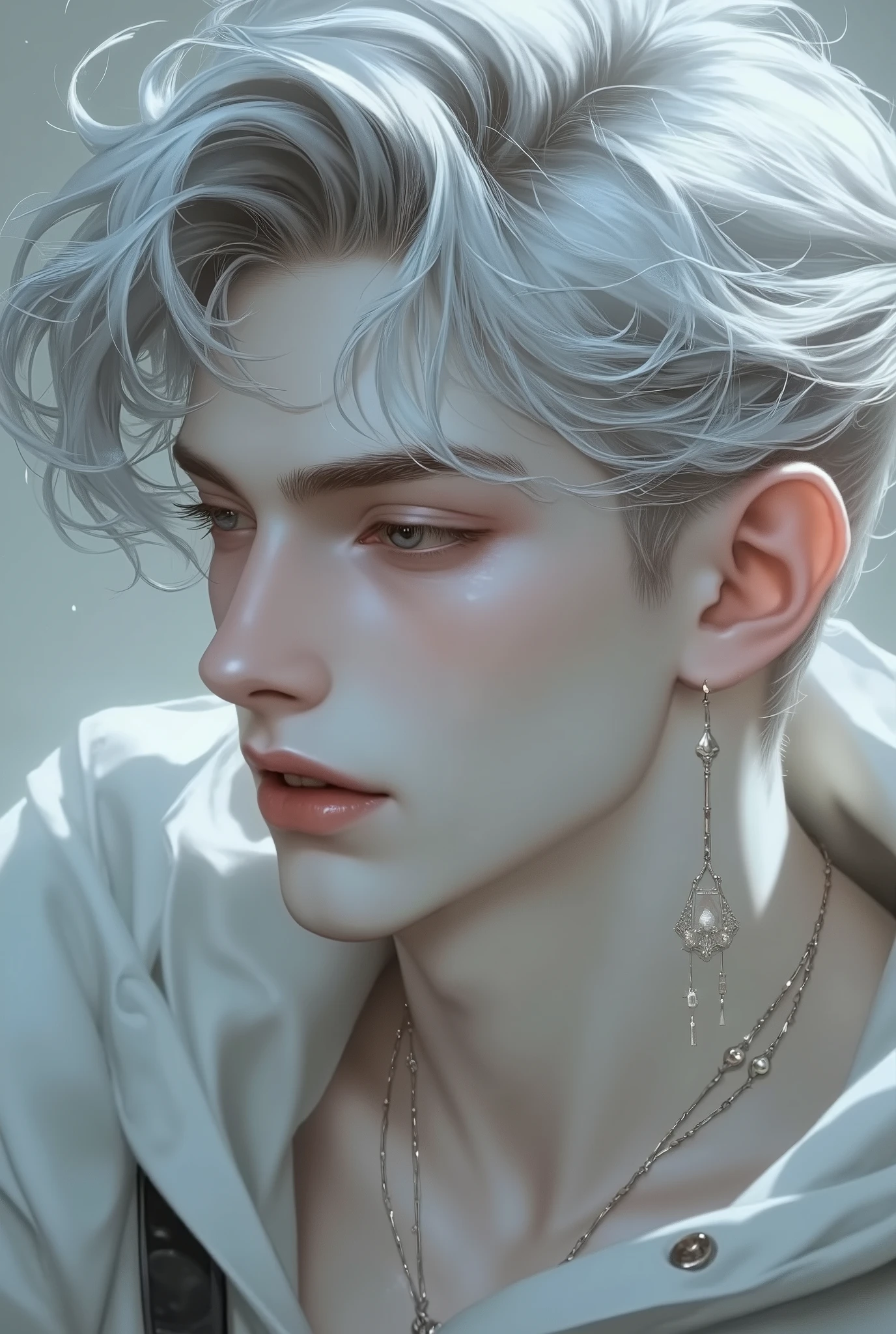 A man of nineteen years old with slightly long and curly hair, white hair and eyelashes, reddish lipsand grayish-light blue eyes, without beard or mustache