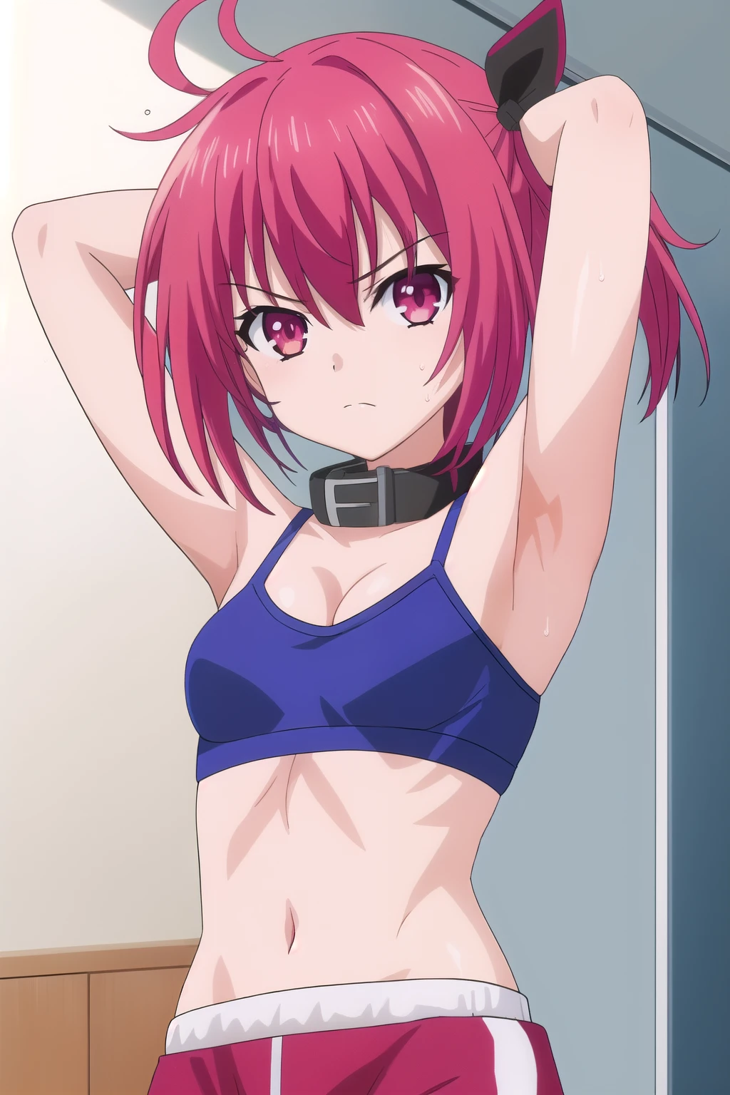 ​masterpiece、ighly detailed、(1 girl in:1.2)、Red hair、Learn uniforms、big eye、((a closeup))、8K、short-hair、(((anime styled)))、Shining eyes, (((underwear))), ((against the wall)), small boobs, panties, bra, blush, (shouting, crying), lifting arms, armpits, simple background, looking at viewer