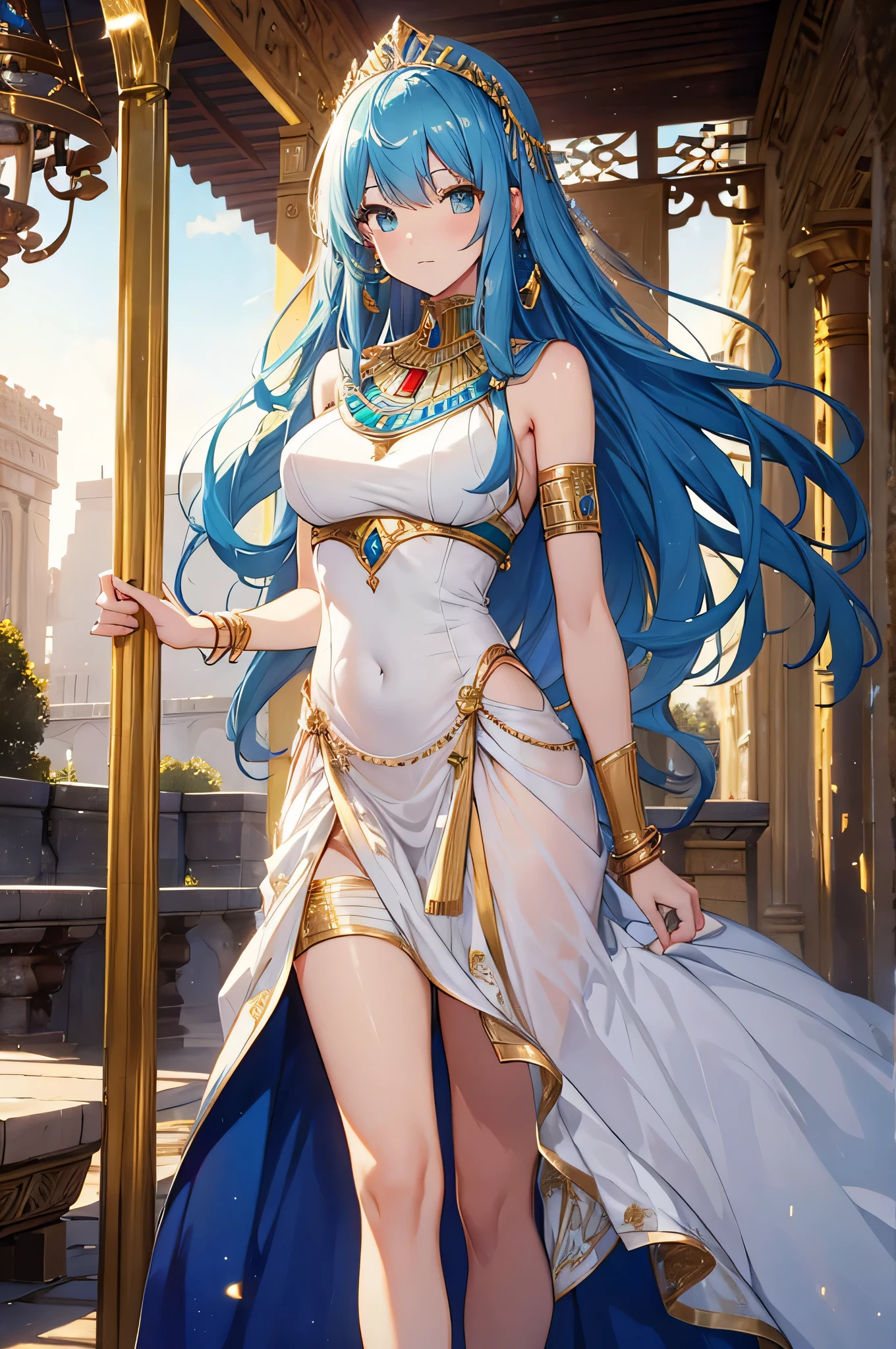 4K.High resolution,One Woman,Blue Hair,long hair,Big Breasts,Egyptian Princess,White Dress,Costume with golden decoration,Bejeweled costumes,hair band,Medieval castle