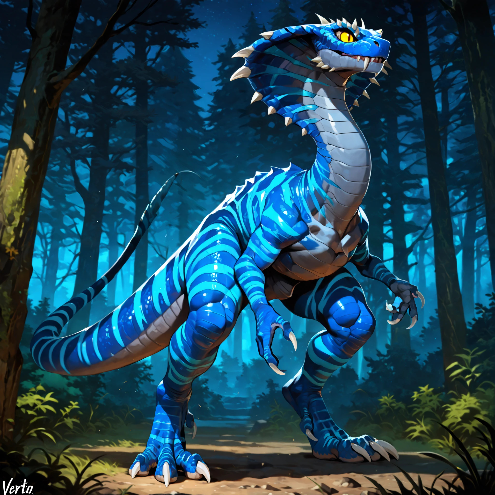 masterpiece, best quality, anime shading, full body picture, centered, dinosaur, cobra, monstrous body shape, ((vertigo)), yellow eyes, striped body, blue scaled body, (claws), white claws, horns, fangs, ((neutral expression)), digitigrade legs, ((forest background at night)), score_9_up, score_8_up, score_7_up, score_6_up, score_5_up, score_4_up,