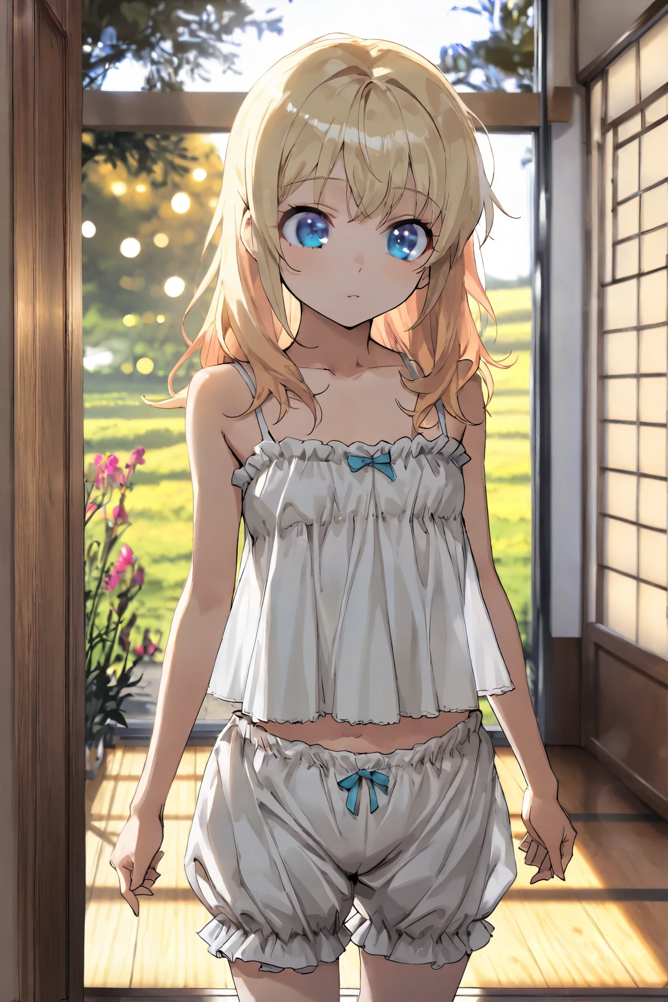 (Crossdresser),blonde low twintails,camisole,Worried expression,Groin bulge