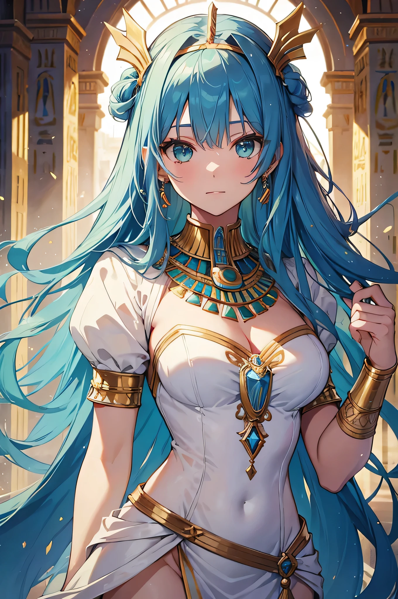Tephnut, ancient Egyptian god of moisture, Egyptian goddess ((god of rain)), daughter of the sun god Ra, wife of the wind god, incarnation of natural disasters, eye of the sun god, ruling the weather, lion, (related to lions), symbolizing the revival of the earth, daughter favored by the gods, ((runaway maiden)), fickle, androgynous beauty, married, plump body, background rain, perfect breasts, dark blue curls, medium breasts, slender waist, (clothes soaked by rain), silk cloak, (Many exquisite Egyptian ornaments), Egyptian style, perfect flesh full of texture, natural rendering, captivating visual enjoyment, ((best quality)), (epic lighting), ((masterpiece)), half-body, maximum definition, illustration, (super detailed face), (perfect face), clear texture, ultra-HD detail display, excellent image performance, high-quality illustrations, perfect fit harmonious tones, deep lines, precise brush strokes, wonderful color scheme, intricate details