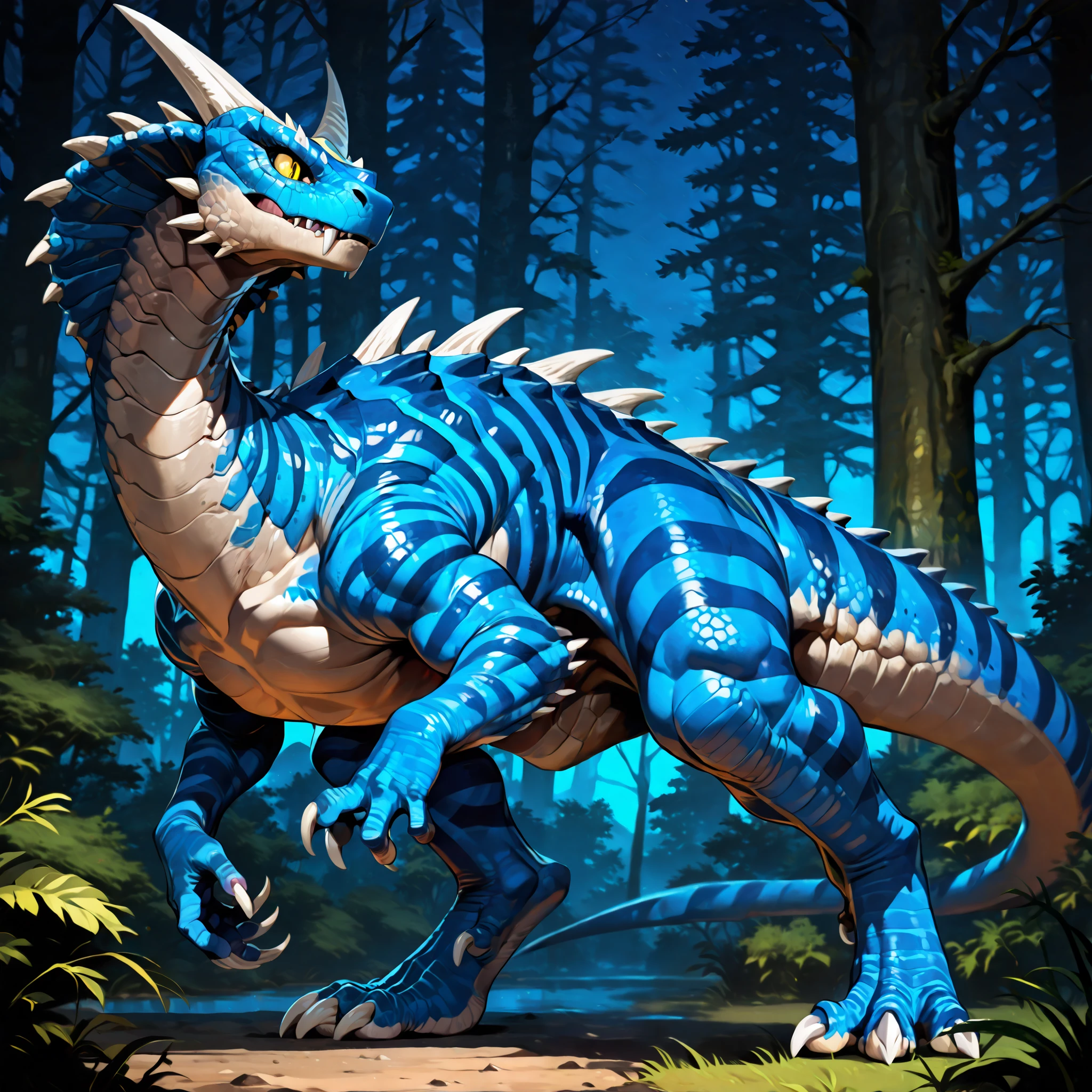 masterpiece, best quality, anime shading, full body picture, centered, dinosaur, cobra, monstrous body shape, ((vertigo)), yellow eyes, striped body, blue scaled body, (claws), white claws, horns, fangs, ((neutral expression)), digitigrade legs, ((forest background at night)), score_9_up, score_8_up, score_7_up, score_6_up, score_5_up, score_4_up, 