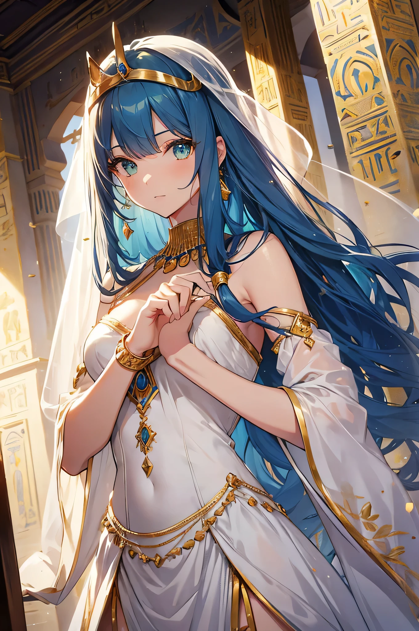 Anime older girl with long white hair and dark blue eyes, wearing a flowy dress that follows her movements with bangles and bracelets on her wrist and a veil on her head, with bright decorations surrounding her