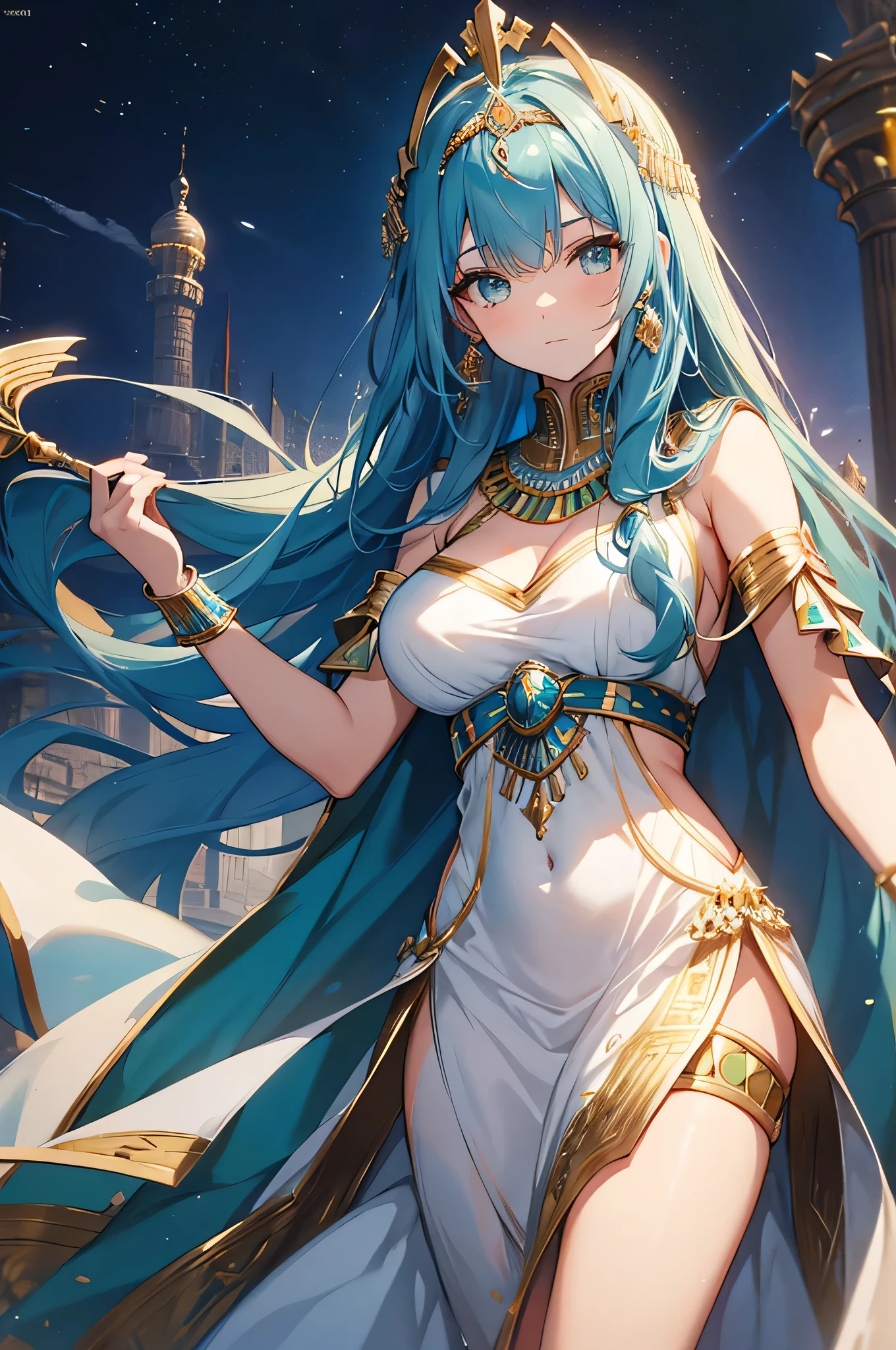 Anime girl with long white hair and dark blue eyes wearing a flowy dress that follows her movements with bangles and bracelets on her wrist and a veil on her head while wearing bright decorations
