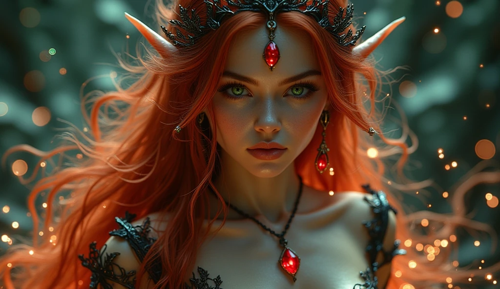 A seductive elven queen with long flowing red hair, bright green eyes, wearing a black lace dress and ruby jewelry, magical glowing particles around her