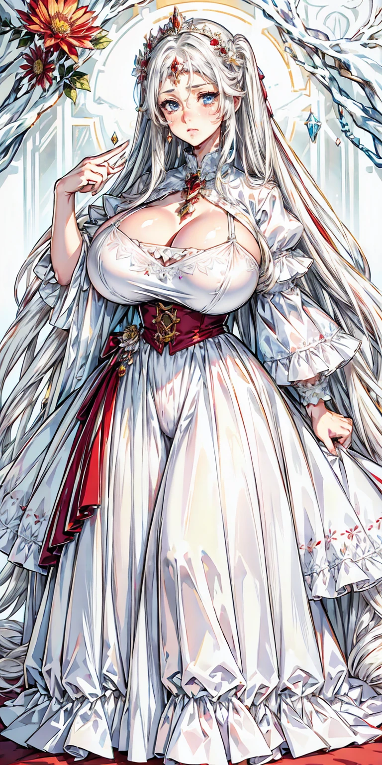 (8K、Top image quality、top-quality、masterpiece)、1 girl in、a blond、((Twin tails like a drill))、red eyes、smirk grin、large full breasts、cleavage、gorgeous red and white dress、Luxurious decoration、long skirt、Hands on hips))、Taken from below、lobby background