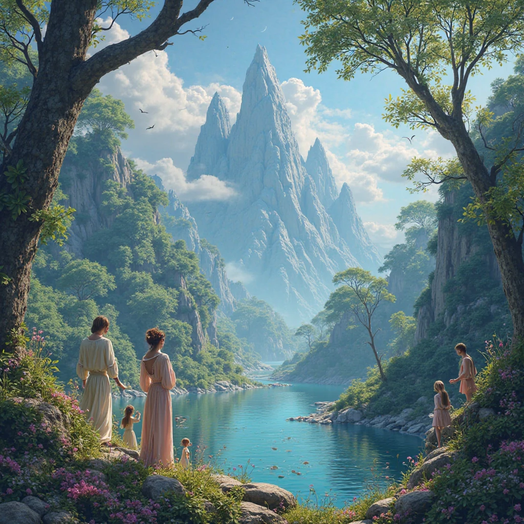 a giant, leafy tree with enormous roots and glossy leaves and fruits; The tree emerges from the waters of a great ocean, primordial and greenish, full of primordial life: fairy beings, fairies, goblins, trolls and gremlins, large and small, are born from the tree, living in harmony; In the sky you can see the living universe, planets and nebulae. in the pictorial style of