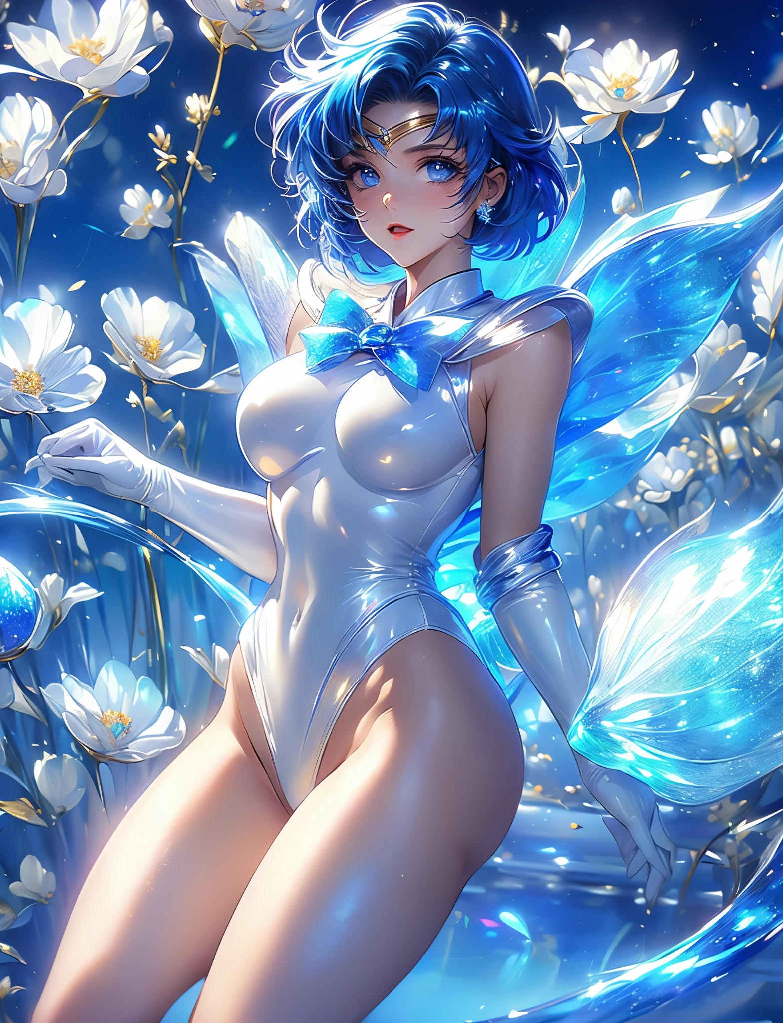 table top, highest quality, 1 girl, (sailor mercury),light blue hair, (black eye:1.2),((Topless))、((corset))、((embarrassed look))、((full moon))、((Photo from below))、(((thigh high boots)))、((short hair hair))、((black long gloves))、((open your legs))、((black panties))、((Tierra))、((Moderate))