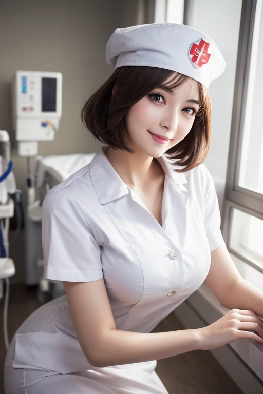 Wearing a tight latex nurse uniform、Young, sexy and beautiful nurse spreading her legs in a bold pose、Nurse cap、Holding a medical clipboard、Very detailed、Ultra-realistic、8k、Cinematic lighting、Porcelain Skin、Captivating Gaze、Full Body Shot、Photorealistic、masterpiece