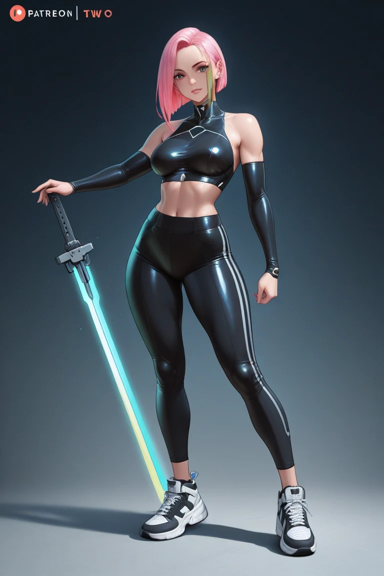 realistic image of a 17 year old girl Has large breasts,Wearing black sportswear and training, wearing purple shoes, having purple hair, holding a knife in her right hand and stabbing her own breast.Until it comes out