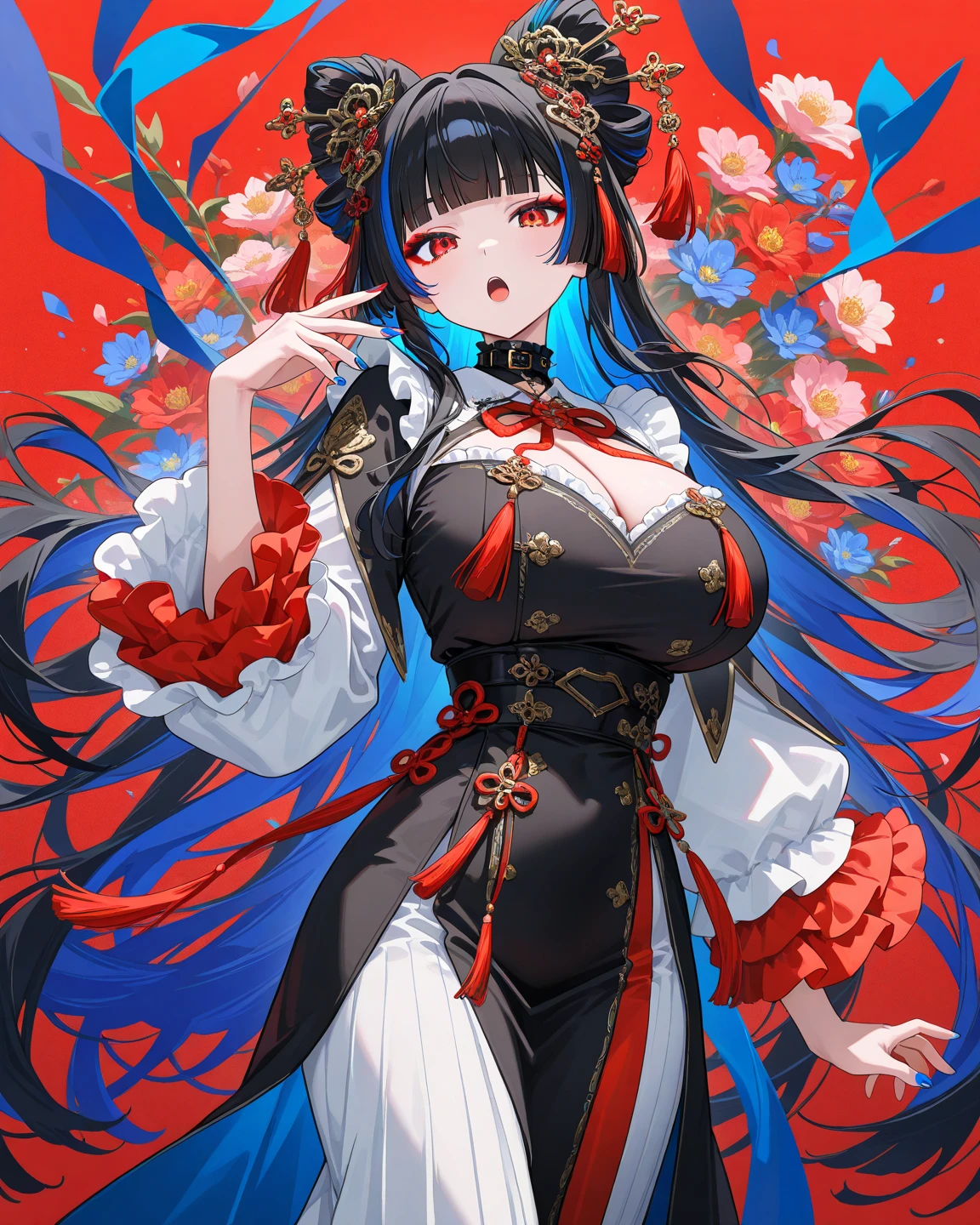 (Ultra high definition,最高masterpiece),Chinese style、indigo hair、red eye、Colored tights、Casual style、 one person,(above the waist)、{{highest quality}}, {{masterpiece}}, {{super detailed}}, {figure}, {detailed light},chinese costume
