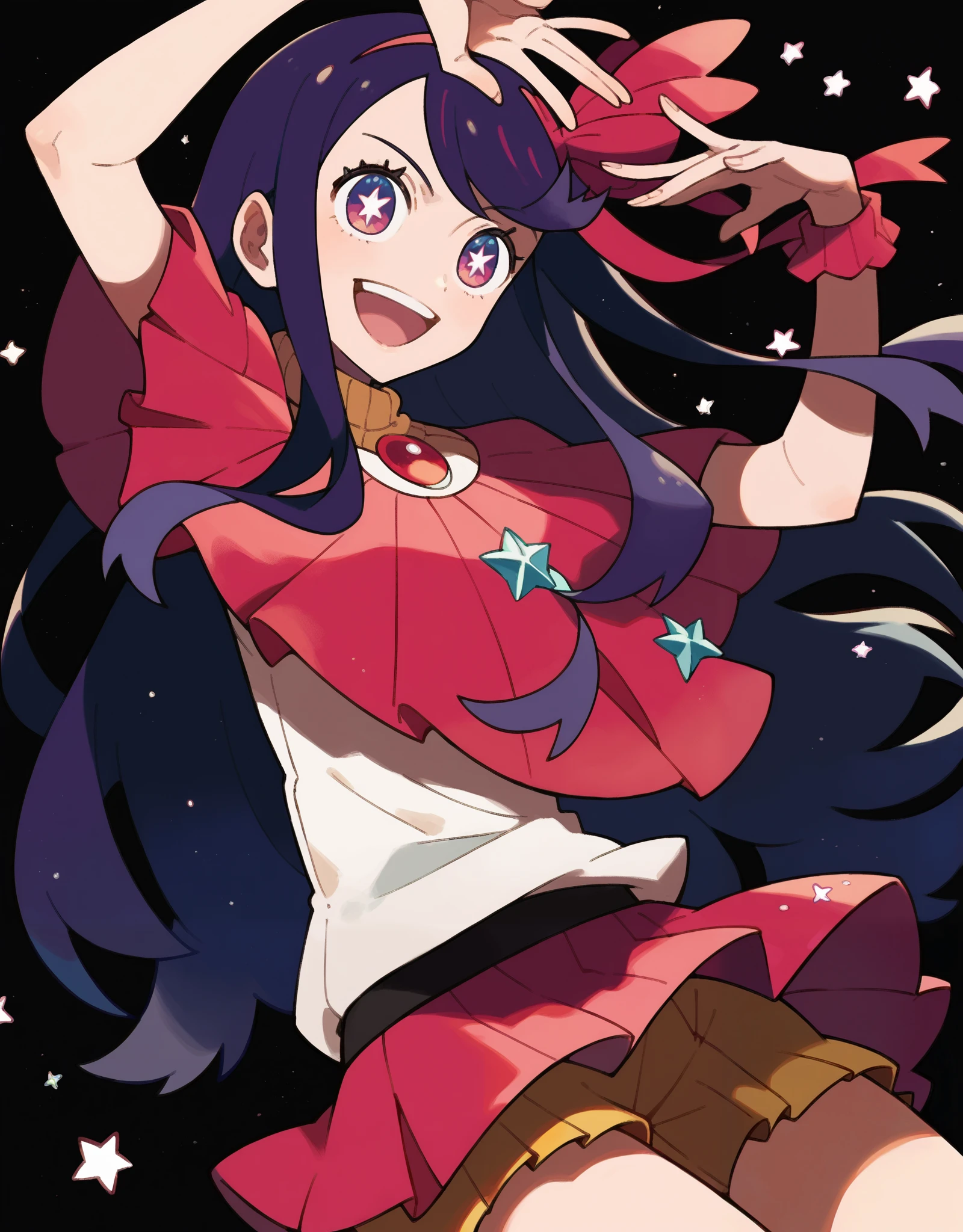 score_9, score_8_up, score_7_up, Ai Hoshino, pokemon pokemon_(anime) pokemon_journeys pokemon_sv pokemon_bw2 1girls score_9, score_8_up, score_7_up, pokemon pokemon_(anime) pokemon_journeys pokemon_sv pokemon_bw2 1girl, Anime girl, long pink hair, star-shaped eyes, purple and blue hues, bright smile, idol outfit, frilly details, vibrant colors, short skirt.