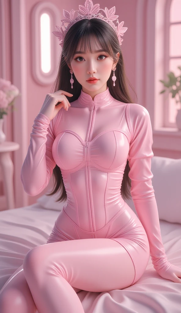 (8K, top quality, masterpiece:1,2), (realisti, Photorealsitic:1.37), Super Detail, A girl,), (muito detalhado), (beautifully detailed eyes), (of the highest quality), (super detailed ), (masterpiece), (detailed face),20 age old, ,1 girl, (Full body), ((pinkies Hair,very short hair)), medium breasts, clothed, perfect lightning, looking down at viewer, excited face, naughty face, (rosa Gummi-Bodysuit:1.3), heart-shaped neckline on the chest, (rosa Gummileggings:1.4), White stitching on the seams, Zipper on the back, (Rosa High Heels aus Gummi:1.2), (Pink rubber gloves:1.2), Elbow length, (pink rubber collar:1.2), wide, buckle