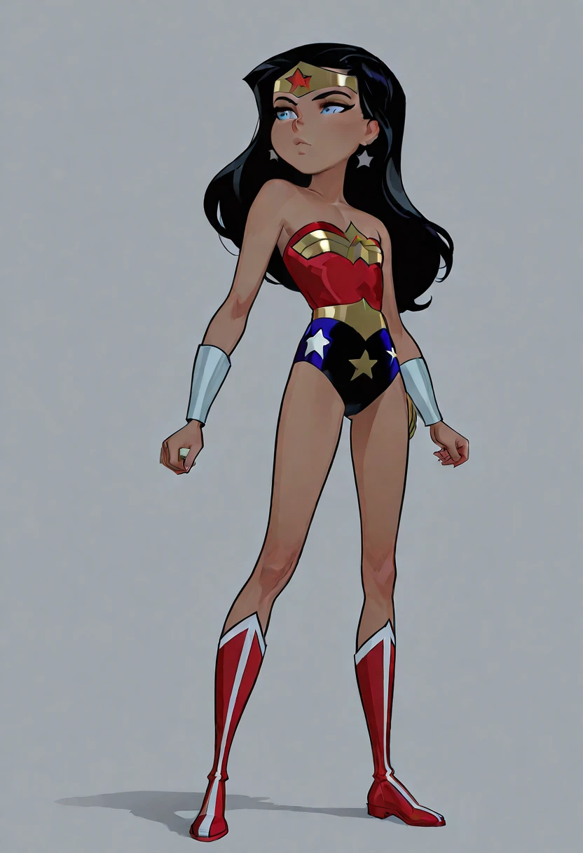 ((1girl, solo)) wwkd black hair, long hair, blue eyes, dark skin, bare shoulders, earrings, flat chest, jewelry, leotard,
tiara, smug, standing, seen from below, dynamic angle
,light skin, cameltoe, hands behind back, smile, full body, red boots, looking at viewer, solo, simple background, white background