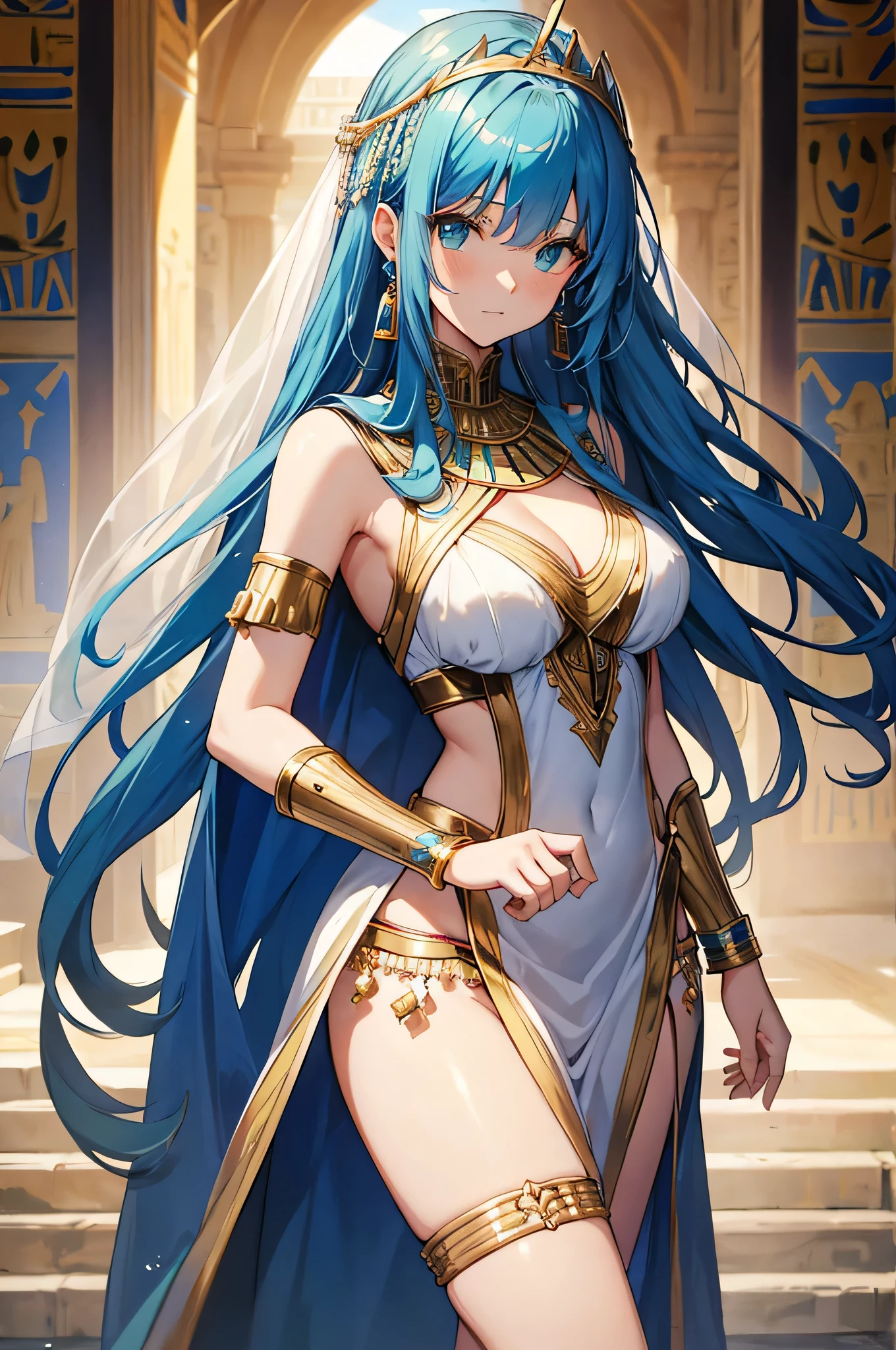 4K.High resolution,One Woman,Blue Hair,long hair,Big Breasts,Egyptian Princess,White Dress,Costume with golden decoration,Bejeweled costumes,hair band,Medieval castle