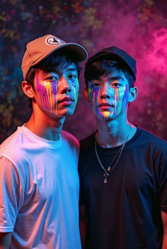 2 handsome Thai man wearing a white baseball cap with the words"Taupik Abdurahman" , with a friendly smiling face facing the camera wearing a white shirt, his whole body is tattooed, working in audio sound system with background sound system full audio spotlight colorful lights there is writing that lights up blue"Taupik Abdurahman"