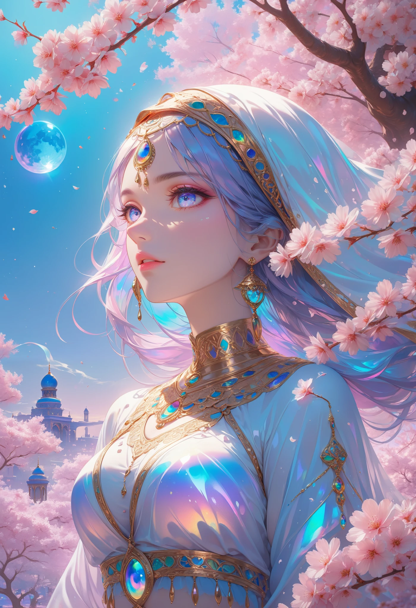 ultra detailed, absolutely resolution, masterpiece, highly detailed, sharp focus, vivid colors, soft lighting, cinematic composition, A floating beautiful Arabian goddess, an Arabian Nights-style worldview, cherry blossoms all over the sky, various iridescent effects, extremely delicate depiction, extremely clear image, 2.5D, artistic photography, hyper realistic