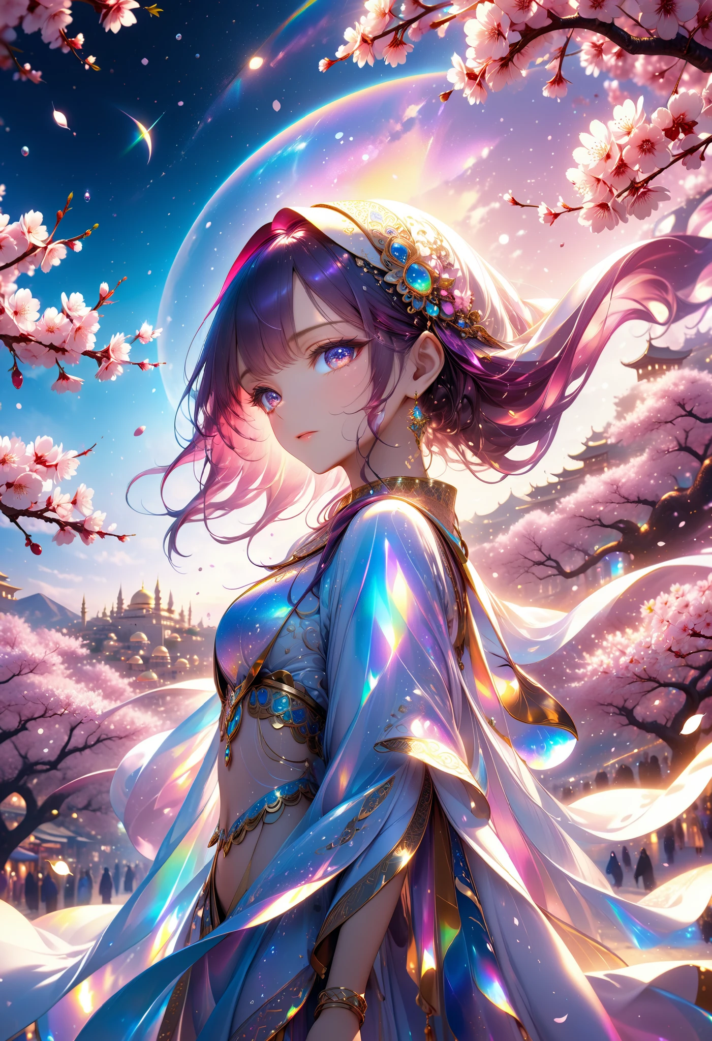 ultra detailed, absolutely resolution, masterpiece, highly detailed, sharp focus, vivid colors, soft lighting, cinematic composition, A floating beautiful Arabian goddess, an Arabian Nights-style worldview, cherry blossoms all over the sky, background calculated using AI technology, various iridescent effects, extremely delicate depiction, extremely clear image, 2.5D, artistic photography, hyper realistic