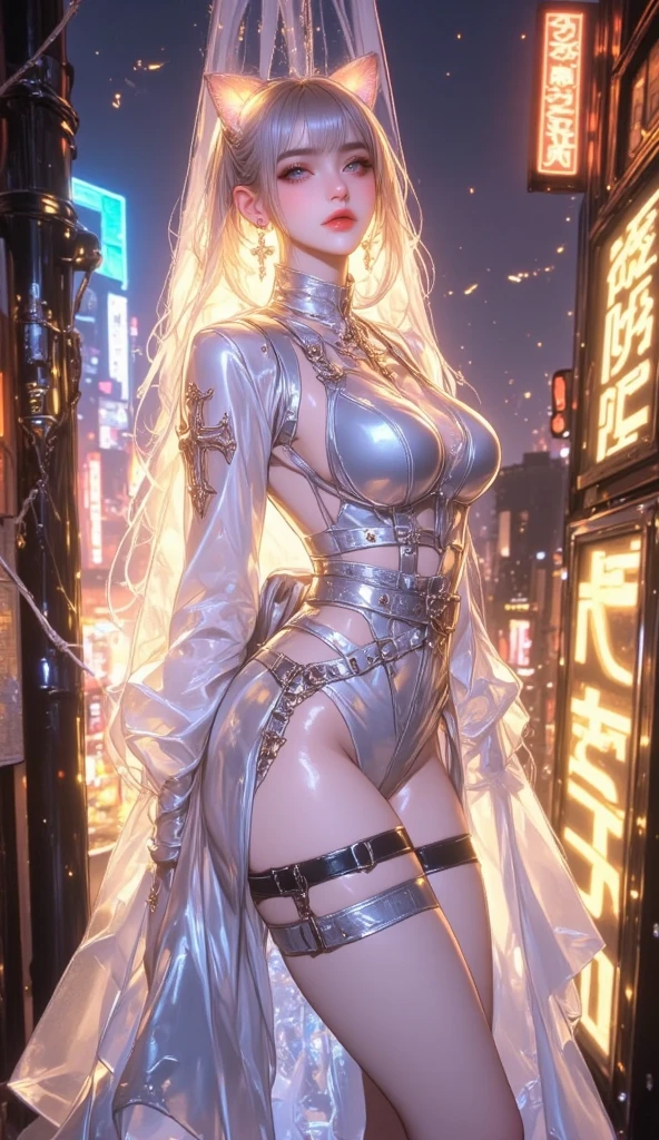 (masterpaintings、need、Ultra-delicate、high resolucion),(((She has long silver hair,A meticulous face,Nice face,The face of a human woman:1.6))),(((Female giant))),(The body is made of silver,The arms present a streamlined design,Looks tall and thin,The overall shape is streamlined and modern),(standing pose),pose for photos,high-angle,nigth,city ruins,background detail,(((body complet))),From above,独奏,(((solo dance))),(((Huge feeling)))