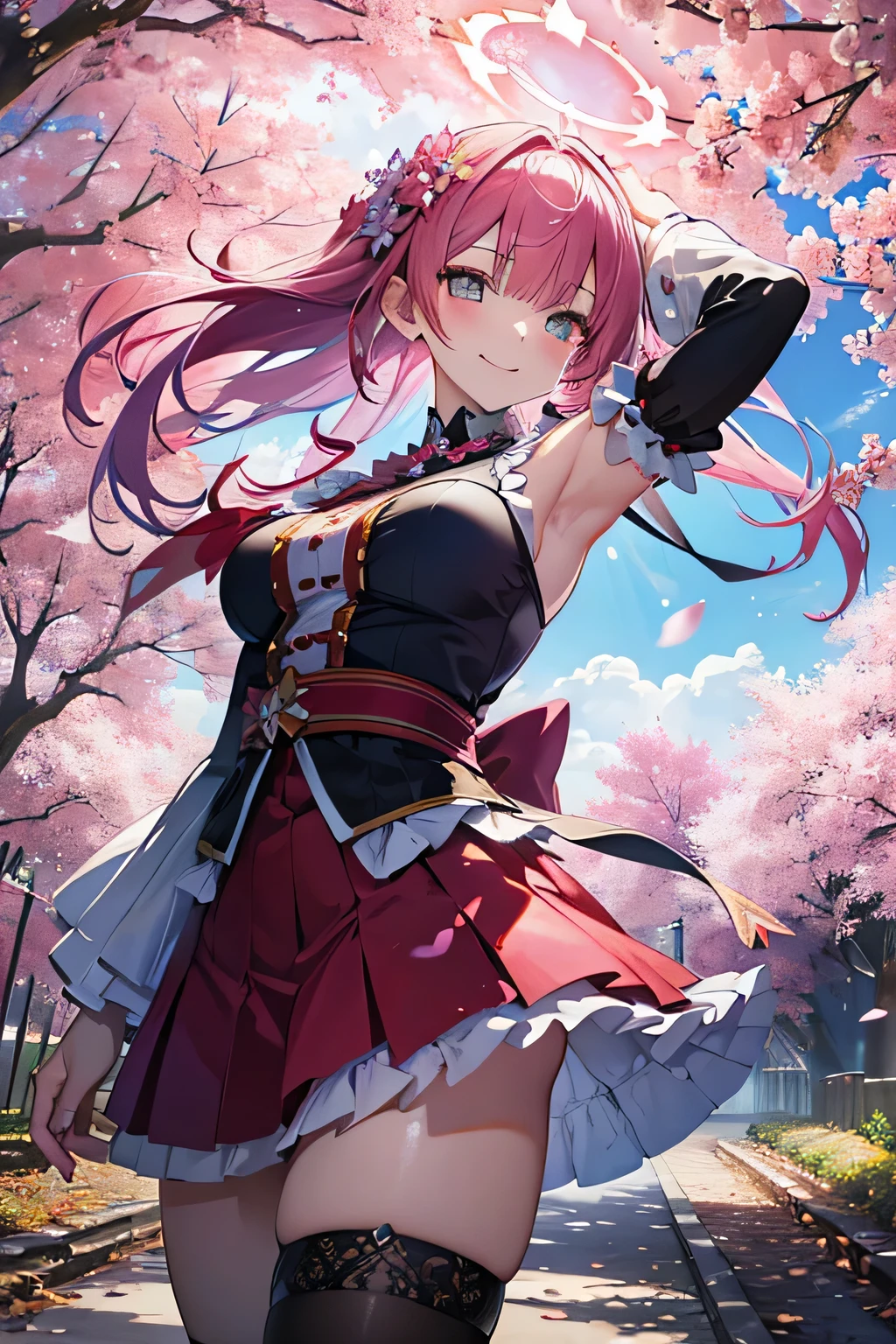 (((One man))) [[[cherry blossom]]] a long red hair samurai in a fight position, training and practicing by himself, alone under this gorgeous Cherry Blossom tree. Wind is taking all the leafs [[[cherry blossom leafs are falling from the tree]]] (((beautiful pink cherry blossom leafs))), golden sun, sundown, 4k, unreal engine, high quality details, amazing quality.