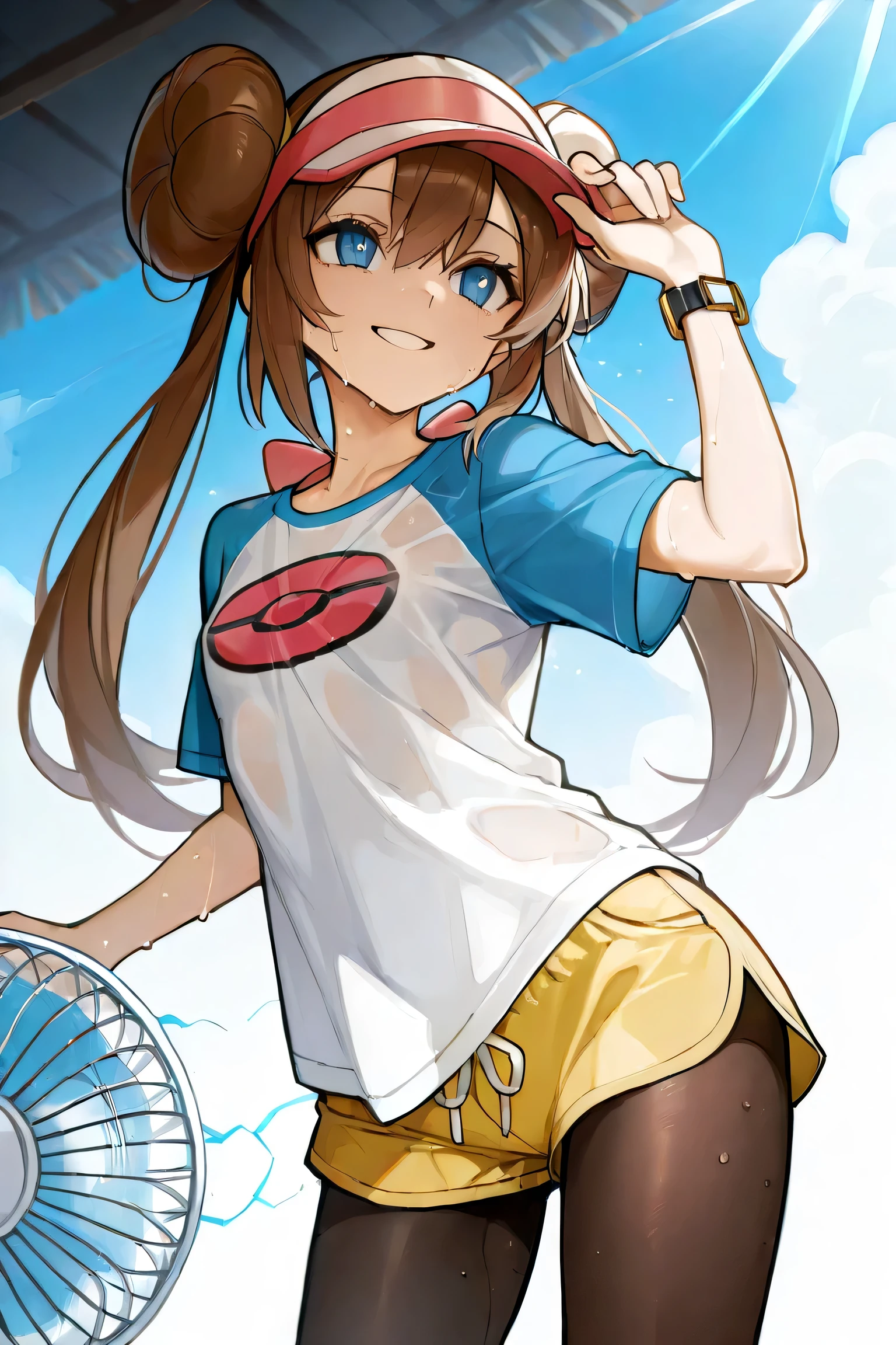 masterpiece, best quality, highres, ro1, hair bun, blue eyes, twintails, visor cap, pantyhose, raglan sleeves, yellow shorts, shirt, pink bow, wristwatch, standing, cowboy shot,  poke ball \(basic\), smile
cute girl,
oversized t-shirt, sweat
electric fan
mouth open
summer, hot, sweaty clothes, sheer clothes, underwear
dynamic angle