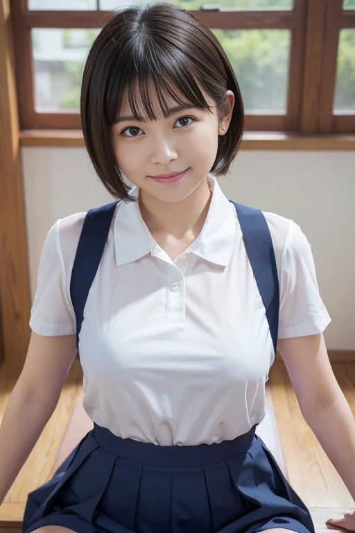 A girl, 15yo, cute smile girl, ((oversized white collar shirt)), (midi plaid skirt), black pixie cut, huge breasts, in wooden floor school gym, half open mouth, (((looking away))), (standing),view from front, full body shot, girl close up,