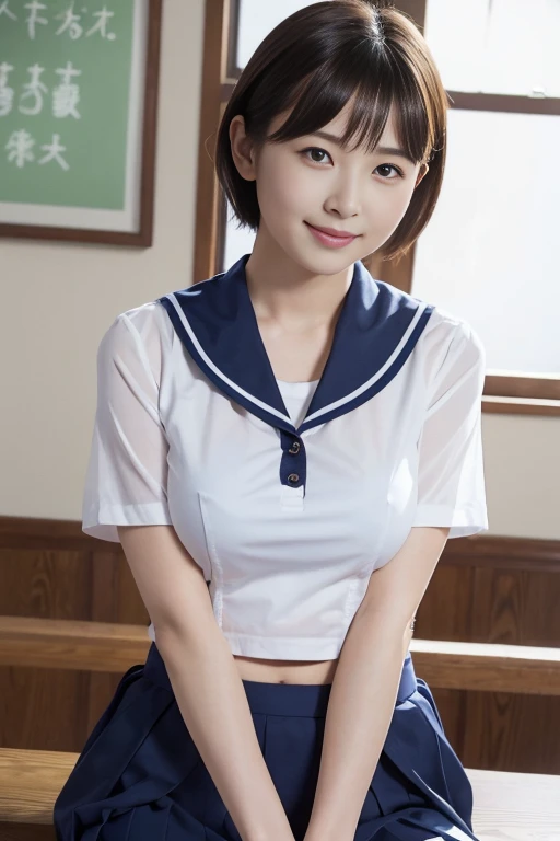 (8K、Raw photography、highest quality、masterpiece:1.2),(black haired、very short hair:1.5),show viewer,Looking at the front,erotic,white skin,(school uniform:1.7)、(Clothing that emphasizes the shape of your chest、exposing one's skin:1.8)、(big boobs:1.3)、slim body shape、ultra high resolution,beautiful,beautiful fece,(alone, alone、no background:1.9),whole bodyボディー,japanese woman,(Photoreal:1.37)、photon mapping,reality、(Cute with a baby face: 1.8)、(cute smile: 1.7)、(With a round face: 1.9)、radio city、Physically based rendering、depth of field rally background、photograph, (very short skirt、I can see your knees,close up of thighs:1.6),whole body、super fine