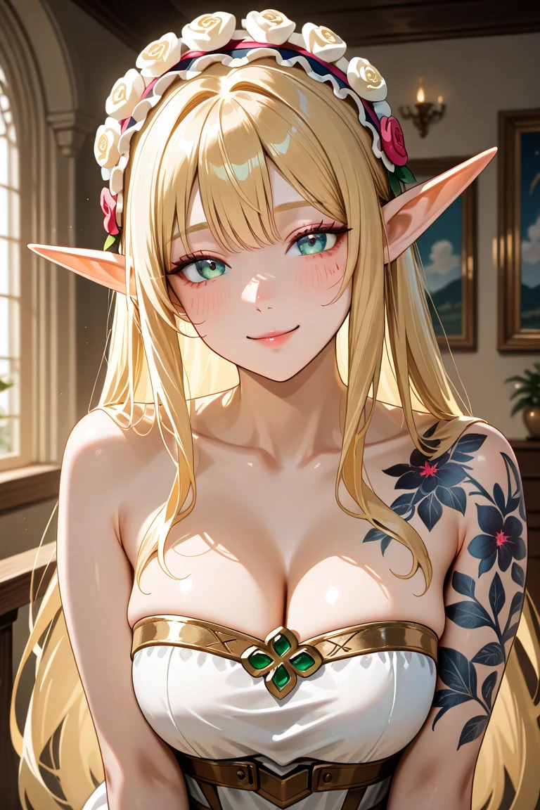 1girl,(adult,woman:1.6), Bare shoulders, Blonde hair, Blush, Breasts, circle of the crone, cleavage, Closed mouth, dress, elf, Green eyes, head wreath, Huge breasts, laurel crown, Long hair, view the viewer, O-ring, O-ring top, Pointy ears, Simple background, Solo, Upper body, detailed fantasy background, White dress,celestine lucullus,Realistis,(Shiny skin),(Masterpiece:1.4),(Best quality:1.4),zelda sultry look, seductive,