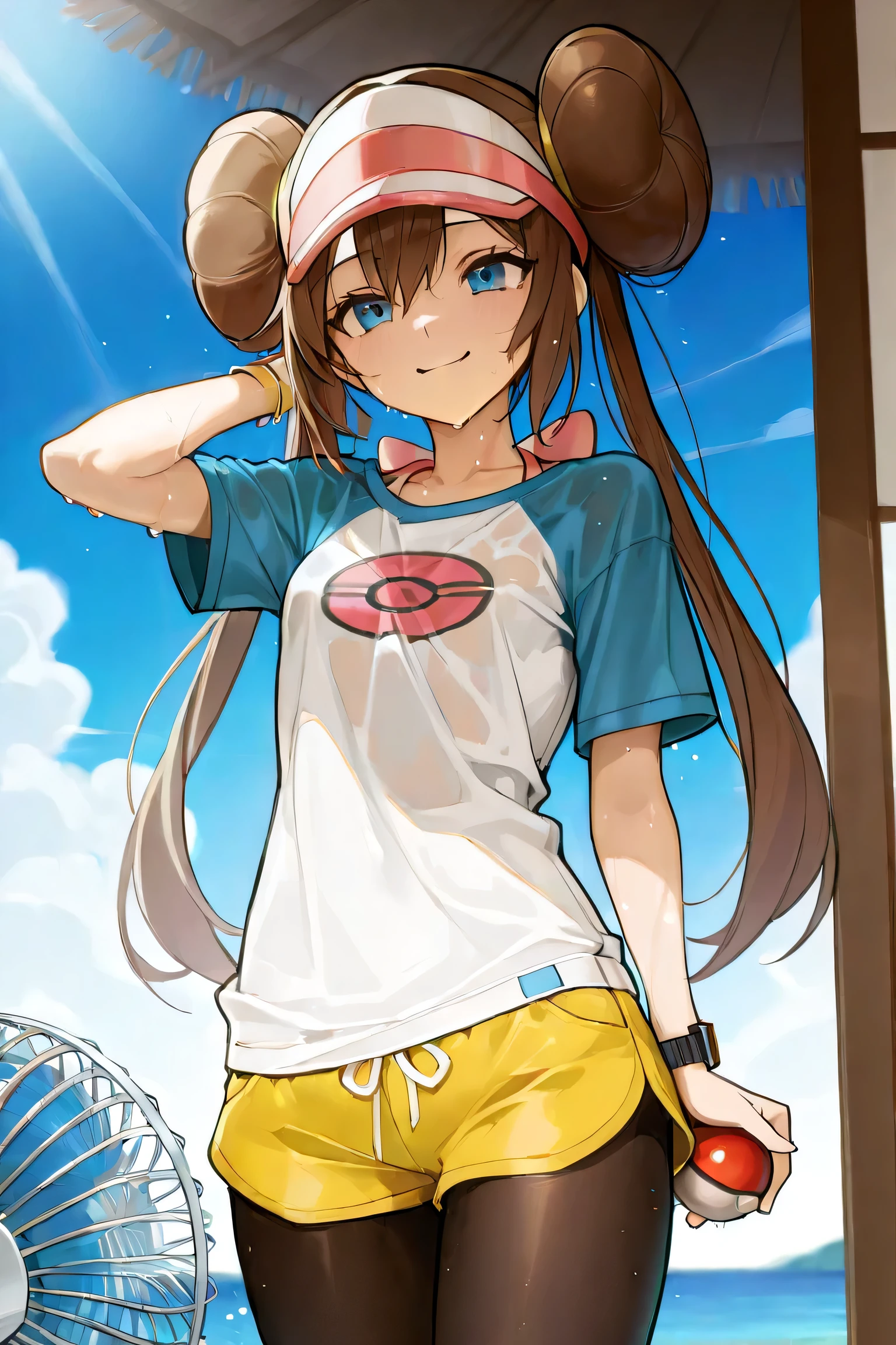 masterpiece, best quality, highres, ro1, hair bun, blue eyes, twintails, visor cap, pantyhose, raglan sleeves, yellow shorts, shirt, pink bow, wristwatch, standing, cowboy shot,  poke ball \(basic\), smile
cute girl,
oversized t-shirt, sweat
electric fan
mouth open
summer, hot, sweaty clothes, sheer clothes, underwear
dynamic angle