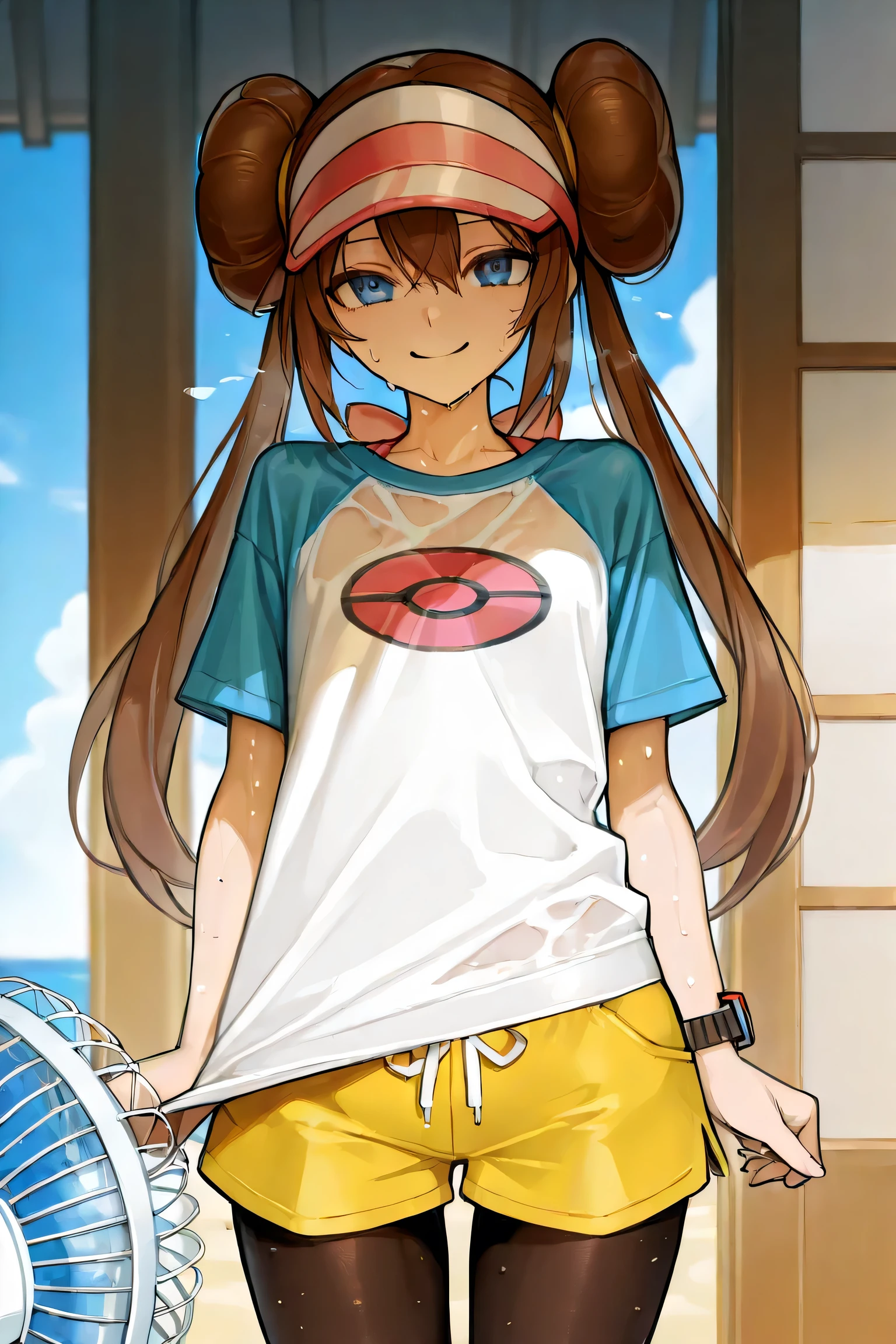 masterpiece, best quality, highres, ro1, hair bun, blue eyes, twintails, visor cap, pantyhose, raglan sleeves, yellow shorts, shirt, pink bow, wristwatch, standing, cowboy shot, poke ball \(basic\), smile
cute girl,
oversized t-shirt, sweat
electric fan
mouth open
summer, hot, sweaty clothes, sheer clothes, underwear
dynamic angle