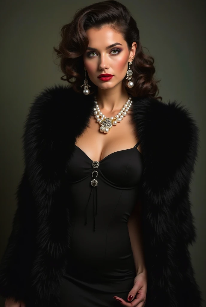 Hyperrealistic portrait of young sexy and elegant femme fatale woman with black glittery cascade hair, 45 ans, dressed in a very voluminous femme fatale coat and thick fur stole around bare shoulders and crystalline black evening formal dress underneath of it and wearing a long black elbow gloves, Realistic photo, dynamic lighting, affiche, volumetric lighting, highly detailed faces, 4k, prime,, 1fille, , discret,Tir de cow-boy ,cheveux longs,Cheveux noirs, very big breasts, festival de Cannes, 