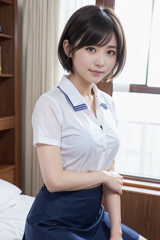 (Highest quality,masterpiece:1.3,Ultra-high resolution),(Super detailed,Caustics,8K), (Photorealistic:1.4, RAW shooting),A high school girl sitting on a bed in a bedroom,Japanese,cute,18-year-old,Natural brown short bob,smile,Looking into the camera,School uniform,High Position,High angle,Face Focus,Face close up,Bust up shot,Natural light