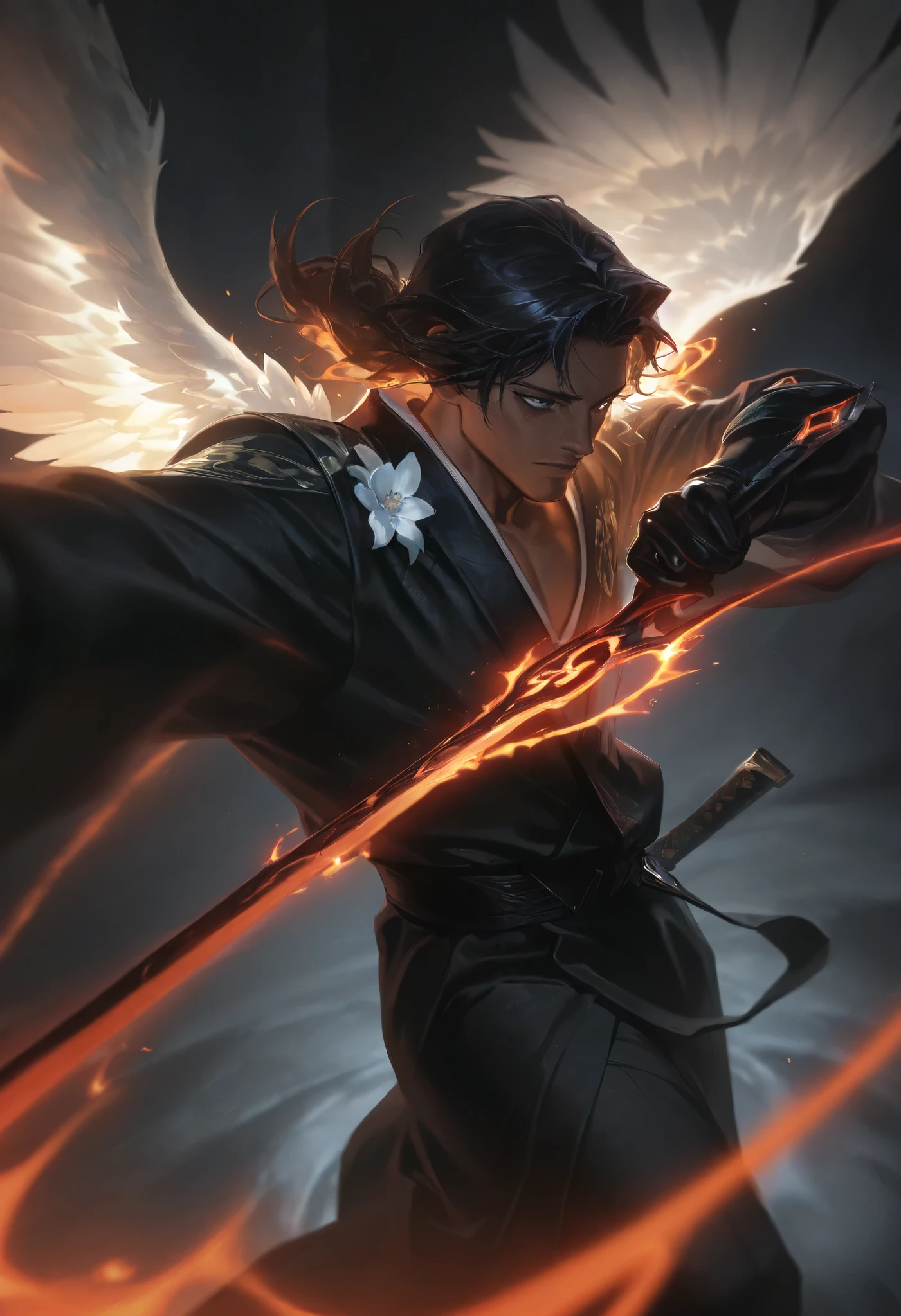 score_9, score_8_above, score_7_above, score_6_above, \(quality\), L0LSPL4SH , year2024 , year2023 , 1masculino, Alone, aboveperbody, detailed face, uppermost square , mature male, 29 year old man, dark skin, long black hair, dark-feathered wing, dark eyes, soft look, fire effects, dynamic angle suit, Posing Direct, holding two katanas, wearing a kimono with white flowers, dark scenery, focused exression,