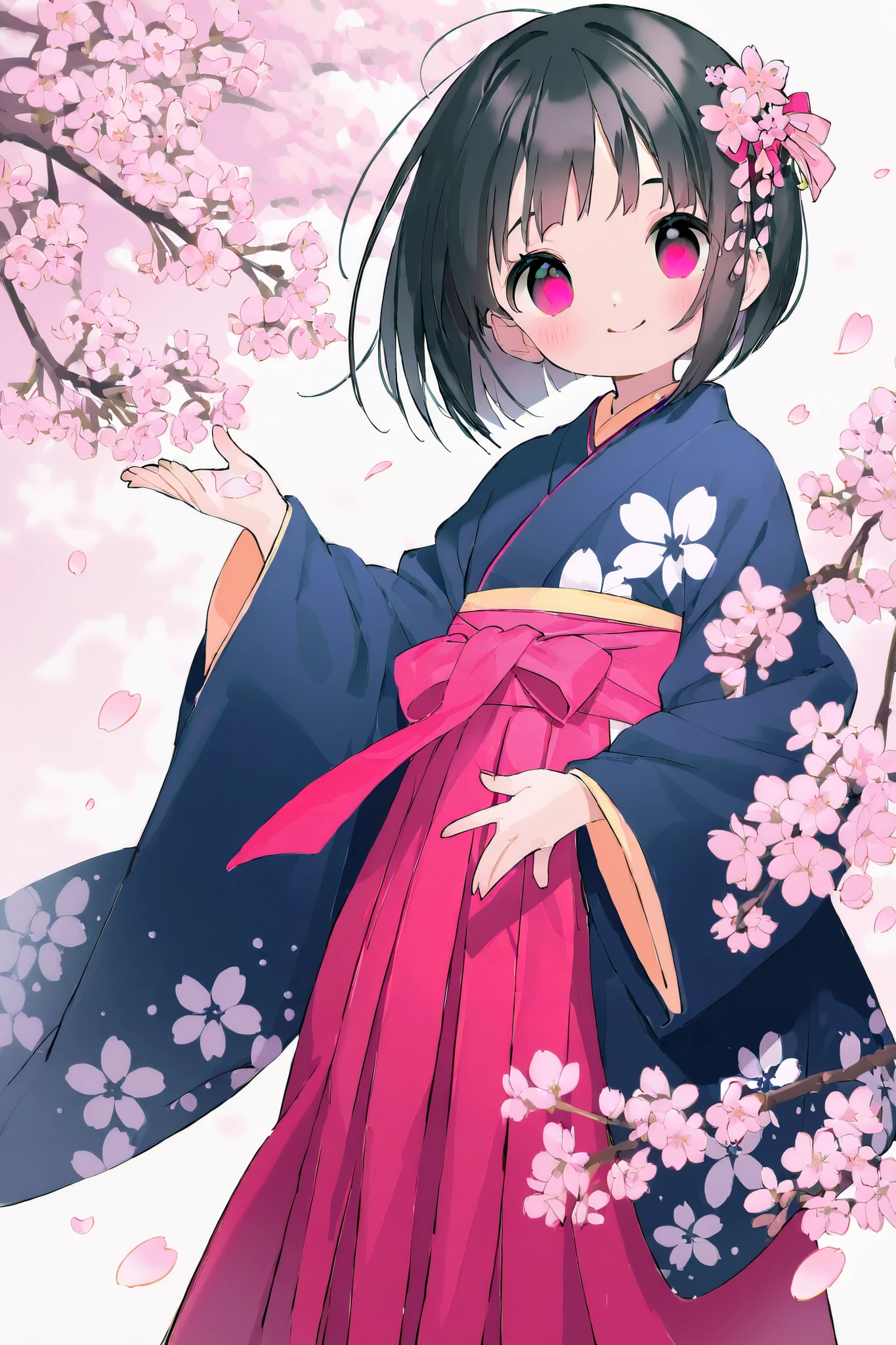 one girl、black hair short bob、 lori、 、 small 、high resolution、sharpness、clear、cute standing posture of a girl、 dyes her cheeks、smile、Sleeves hide hands、kimono、cute和服、Long hakama、cute、Innocent Eyes、cherry blossoms