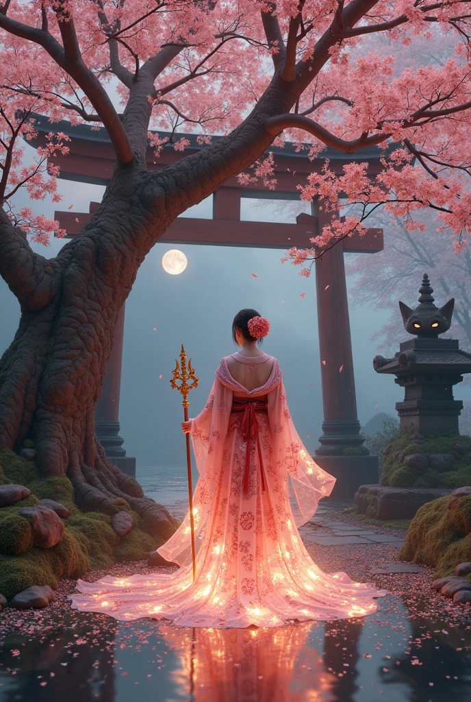 A Japanese garden suspended between dusk and dawn, where ancient cherry trees extend their branches like bridges to forgotten dimensions. Sakura petals, illuminated from within by a rosy glow, fall in hypnotic cascades, transforming into trails of stardust as they touch the ground. At the epicenter, the Sakura Goddess emerges as a beacon of life and mystery: her kimono is not just fabric, but a living canvas. Floral patterns intertwine with luminous kanji that narrate legends of sleeping gods, while the sleeves flow like rivers of translucent silk, revealing glimpses of her radiant skin, as pale as the full moon.
Key Details: Harmony and Power: Her throne is a giant cherry tree whose roots sink into a pool of liquid mercury, reflecting inverted constellations. The tree's blossoms flicker between pink and gold, as if breathing.
Petal Movement: The petals don't just fall; Some cluster in spirals, forming ephemeral dragons or sacred seals that dissolve as they close. Others float toward a ruined torii gate in the background, now covered in glowing vines.
Supernatural Textures: The kimono combines traditional brocade with bioluminescent textures: gold threads that pulse like veins and embroidery that dematerializes into particles as it moves.
Light and Shadow: The sky is a gradient from deep indigo to magenta, pierced by filtered rays of sunlight that selectively illuminate the goddess, while the rest of the garden is shrouded in a bluish gloom. The contrast between her golden aura and the shadows creates a celestial stained-glass effect.
Added Epic Elements: Silent Guardians: Mossy stone statues of kitsune (mystical foxes) flank the garden, their hollow eyes now glowing with the same radiance as the goddess's trident.
Dimensional Fractures: At the edges of the scene, the air subtly cracks, revealing brief glimpses of a night sky filled with twin moons or forests of upside-down cherry blossoms.
Water Dynamics: The pond beneath the cherry blossom tree reflects 
