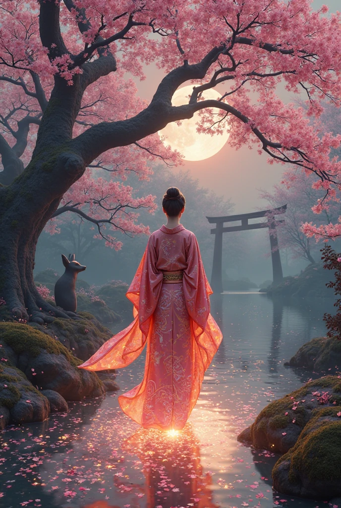 A Japanese garden suspended between dusk and dawn, where ancient cherry trees extend their branches like bridges to forgotten dimensions. Sakura petals, illuminated from within by a rosy glow, fall in hypnotic cascades, transforming into trails of stardust as they touch the ground. At the epicenter, the Sakura Goddess emerges as a beacon of life and mystery: her kimono is not just fabric, but a living canvas. Floral patterns intertwine with luminous kanji that narrate legends of sleeping gods, while the sleeves flow like rivers of translucent silk, revealing glimpses of her radiant skin, as pale as the full moon.
Key Details: Harmony and Power: Her throne is a giant cherry tree whose roots sink into a pool of liquid mercury, reflecting inverted constellations. The tree's blossoms flicker between pink and gold, as if breathing.
Petal Movement: The petals don't just fall; Some cluster in spirals, forming ephemeral dragons or sacred seals that dissolve as they close. Others float toward a ruined torii gate in the background, now covered in glowing vines.
Supernatural Textures: The kimono combines traditional brocade with bioluminescent textures: gold threads that pulse like veins and embroidery that dematerializes into particles as it moves.
Light and Shadow: The sky is a gradient from deep indigo to magenta, pierced by filtered rays of sunlight that selectively illuminate the goddess, while the rest of the garden is shrouded in a bluish gloom. The contrast between her golden aura and the shadows creates a celestial stained-glass effect.
Added Epic Elements: Silent Guardians: Mossy stone statues of kitsune (mystical foxes) flank the garden, their hollow eyes now glowing with the same radiance as the goddess's trident.
Dimensional Fractures: At the edges of the scene, the air subtly cracks, revealing brief glimpses of a night sky filled with twin moons or forests of upside-down cherry blossoms.
Water Dynamics: The pond beneath the cherry blossom tree reflects 