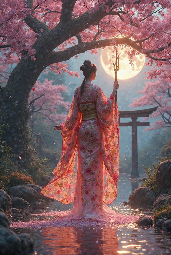 A Japanese garden suspended between dusk and dawn, where ancient cherry trees extend their branches like bridges to forgotten dimensions. Sakura petals, illuminated from within by a rosy glow, fall in hypnotic cascades, transforming into trails of stardust as they touch the ground. At the epicenter, the Sakura Goddess emerges as a beacon of life and mystery: her kimono is not just fabric, but a living canvas. Floral patterns intertwine with luminous kanji that narrate legends of sleeping gods, while the sleeves flow like rivers of translucent silk, revealing glimpses of her radiant skin, as pale as the full moon.
Key Details: Harmony and Power: Her throne is a giant cherry tree whose roots sink into a pool of liquid mercury, reflecting inverted constellations. The tree's blossoms flicker between pink and gold, as if breathing.
Petal Movement: The petals don't just fall; Some cluster in spirals, forming ephemeral dragons or sacred seals that dissolve as they close. Others float toward a ruined torii gate in the background, now covered in glowing vines.
Supernatural Textures: The kimono combines traditional brocade with bioluminescent textures: gold threads that pulse like veins and embroidery that dematerializes into particles as it moves.
Light and Shadow: The sky is a gradient from deep indigo to magenta, pierced by filtered rays of sunlight that selectively illuminate the goddess, while the rest of the garden is shrouded in a bluish gloom. The contrast between her golden aura and the shadows creates a celestial stained-glass effect.
Added Epic Elements: Silent Guardians: Mossy stone statues of kitsune (mystical foxes) flank the garden, their hollow eyes now glowing with the same radiance as the goddess's trident.
Dimensional Fractures: At the edges of the scene, the air subtly cracks, revealing brief glimpses of a night sky filled with twin moons or forests of upside-down cherry blossoms.
Water Dynamics: The pond beneath the cherry blossom tree reflects 