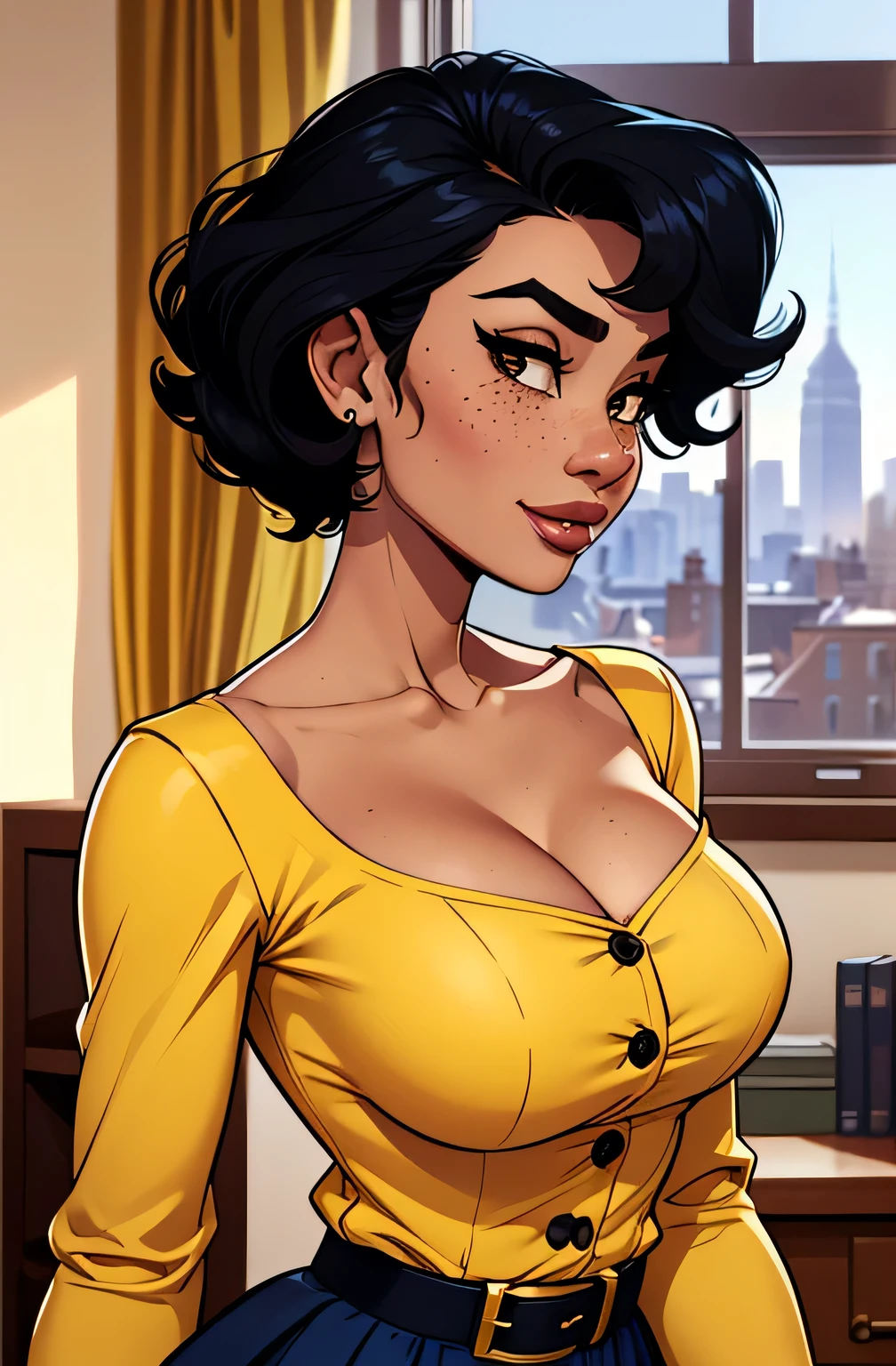 (absurd lines, HD, Ultra Delicate , be careful with your hand) Close-up of an athletic woman, Skinny and busty, 25 years, 8k (high definition), Beautiful Smile, look seductive, brown eyes, round nose, Secretary wearing yellow dress shirt ((Gola V, buttons, long sleeves)), discreet belt and skirt , arms positioned behind her body, ebony skin , black hair ((short and curly)), She's standing next to a window ((upper body, Side view)), with freckles on your chest and neck , ((big round breasts)), ((Well defined collarbone)). Marvel style ((HQ)), office in the background.