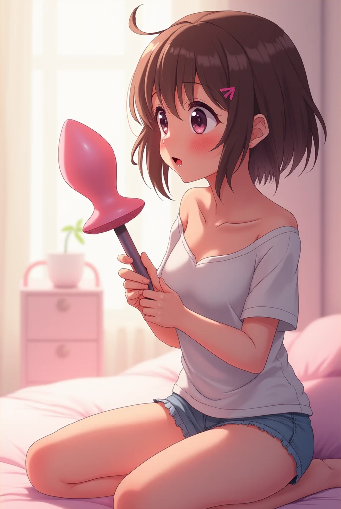 (8K high resolution), (Highest quality), (RAW quality),(flying debris:1.2), (Realistic), (Realistic:1.37), Big eyes,Long eyelashes,alone、in house、Laughter、Red cheeks、Heavy breathing、sexual expression、Hanging hair、Watery eye、,(Small breasts:1.5),(Skinny girl:1.5),(Baby Face:1.3),(very young body:1.3),(Oily and shiny skin:1.3),(Nearly naked:1.5),(Full nudity:1.5),(Young pink nipples:1.2),(Stroking a Realistic dildo:1.5),(Please touch the dildo gently:1.5),(Rub the tip of the dildo with the palm of your hand:1.5),
