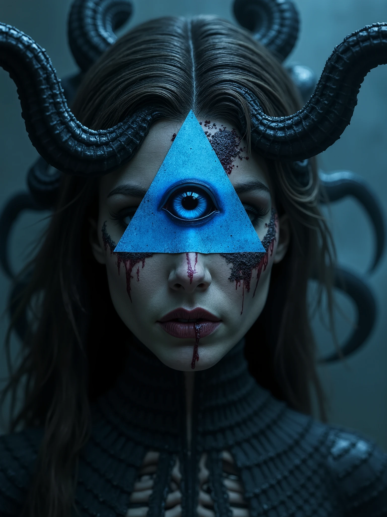 Illuminati eye symbol inside a blue triangle Infront of a beautiful goddess that has no eyes but the third on her forehead, goddess of necromancy, bleeding from the eye sockets that are missing eyes,dark realistic photography, lovecraftian influence,chainmail armoured endoskeleton and half rotten face, realistic surreal dark occult photography,smoke and ashes background, Steam breath from her sigh, melancholic ambience,black shadow tentacles sorounding her,full torso in picture 
